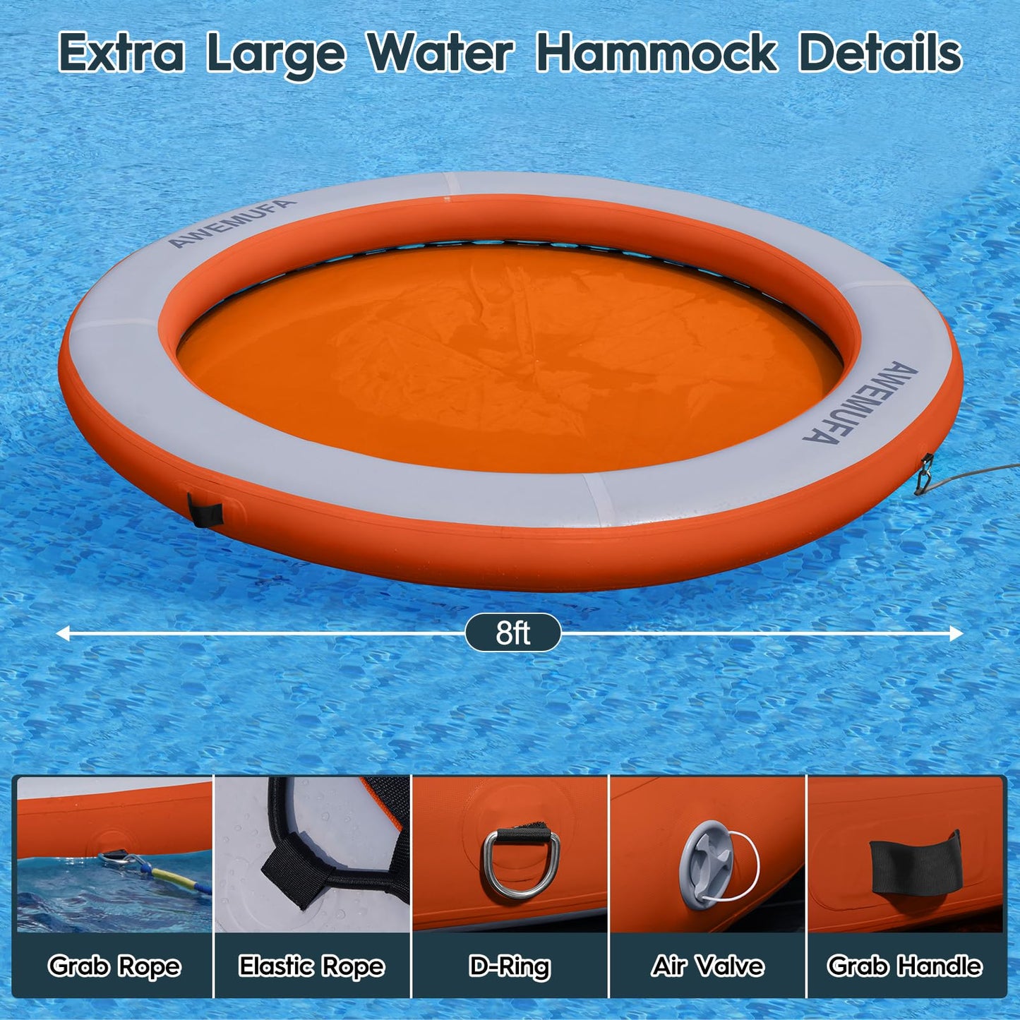 AWEMUFA 8ft Water Hammock – 8-Inch Thick Mesh Floating Ring