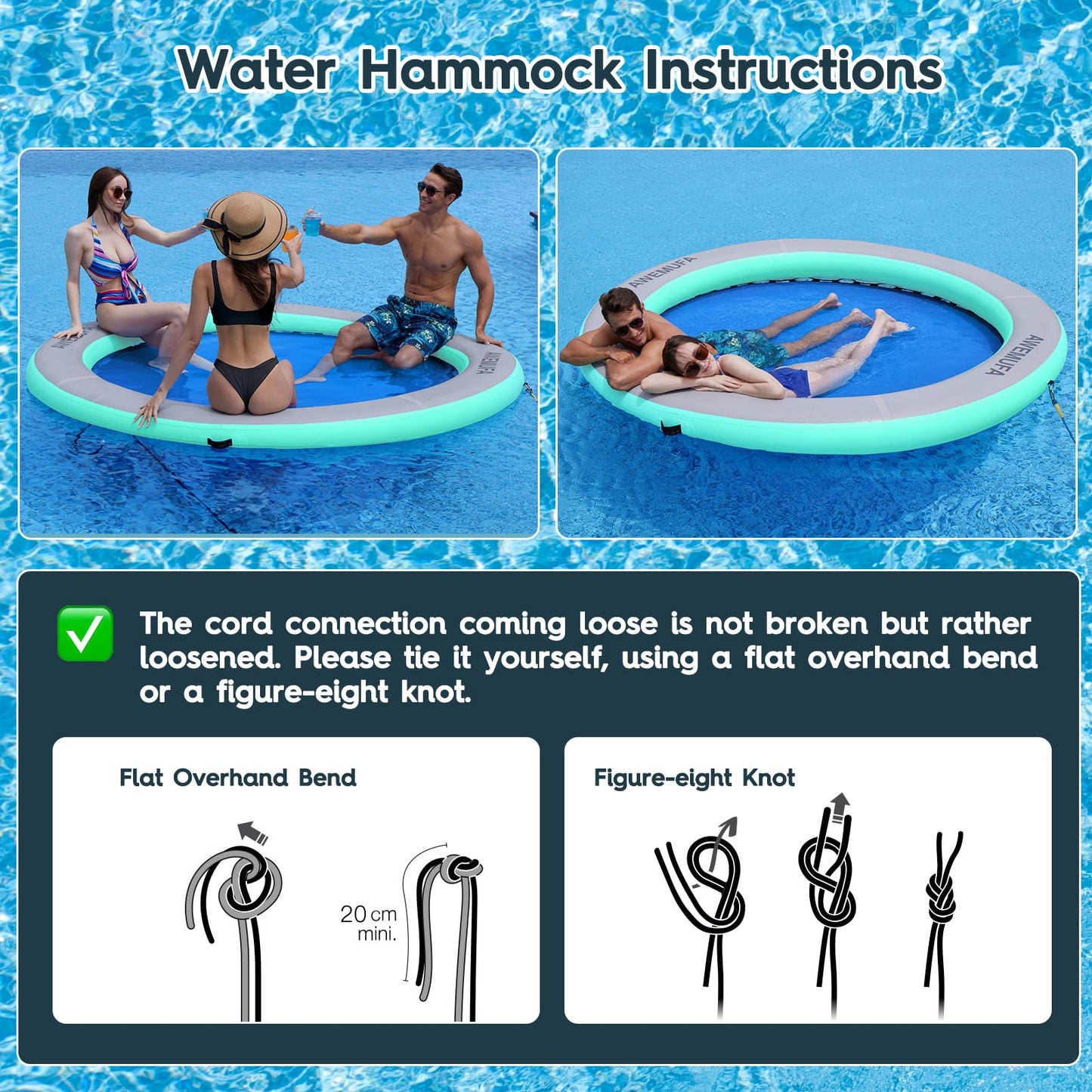 AWEMUFA 8ft Floating Ring Lake Raft – 8-Inch Thick Multi-Person Water Hammock