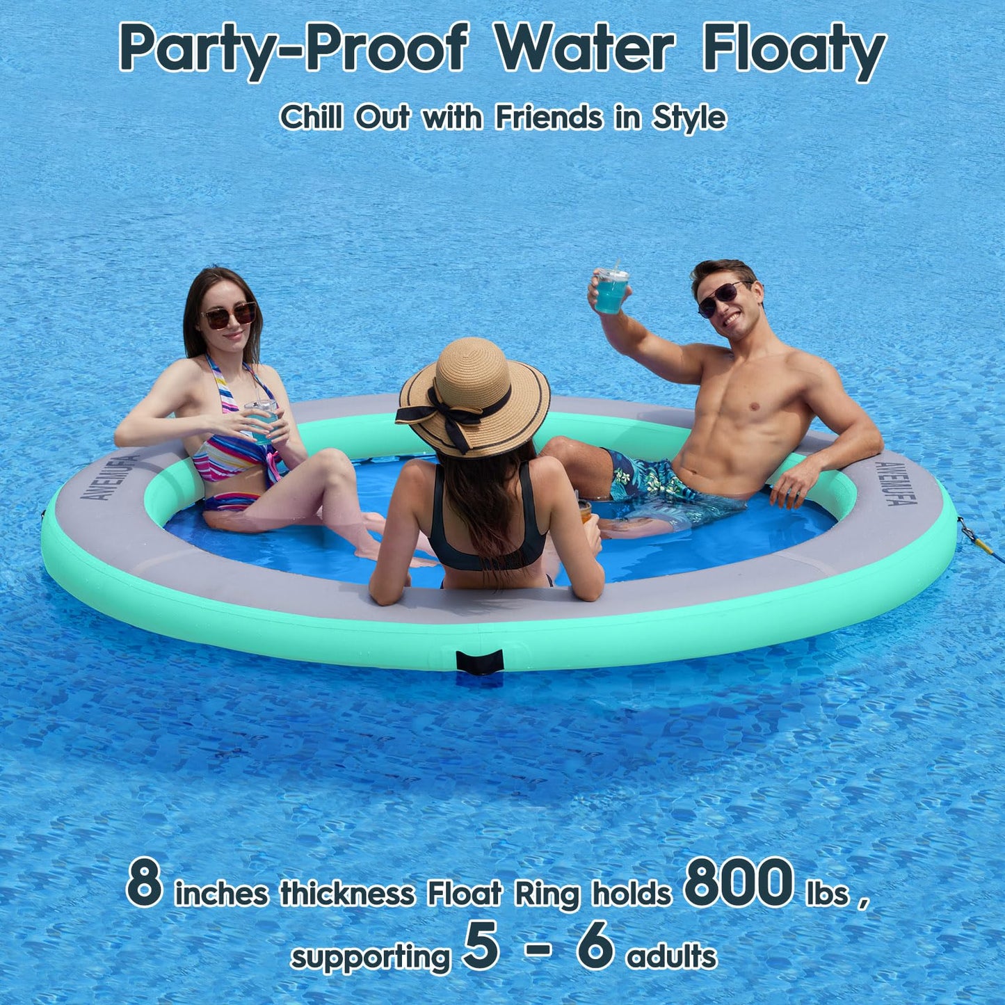 AWEMUFA 8ft Floating Ring Lake Raft – 8-Inch Thick Multi-Person Water Hammock