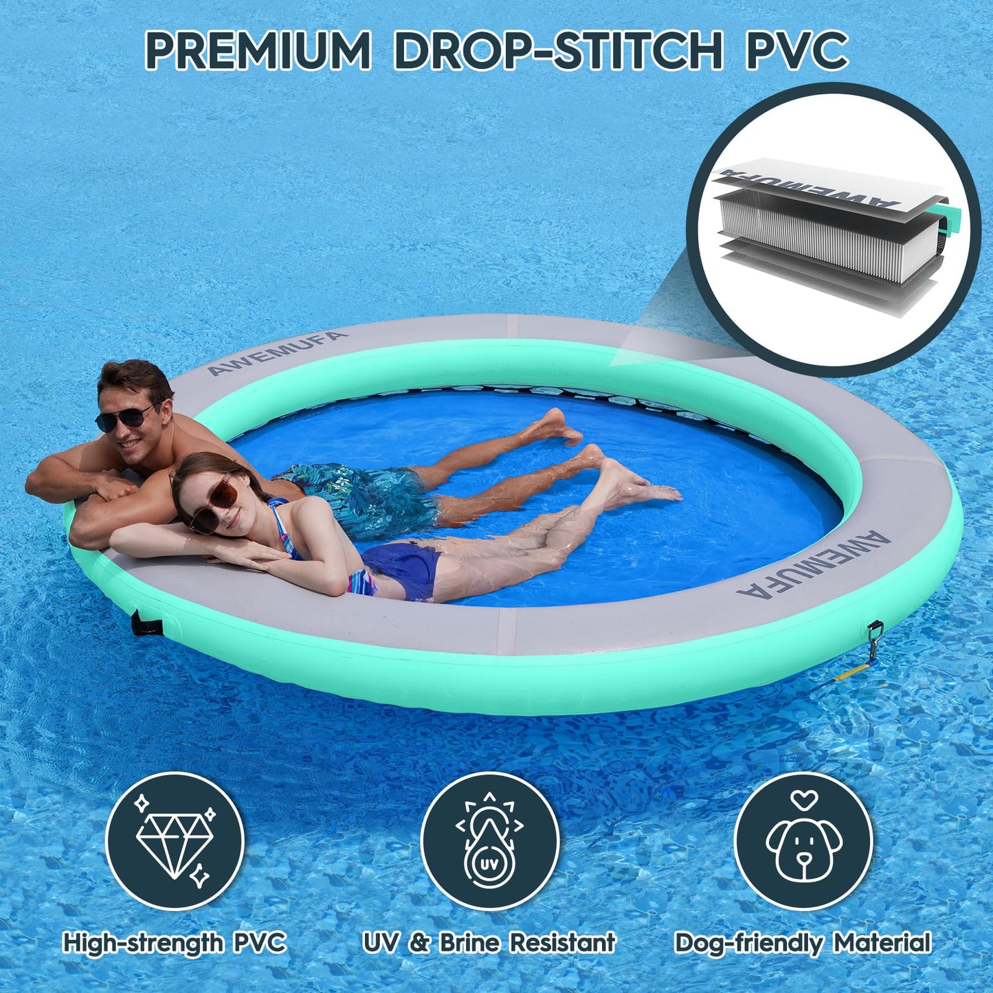 AWEMUFA 8ft Floating Ring Lake Raft – 8-Inch Thick Multi-Person Water Hammock