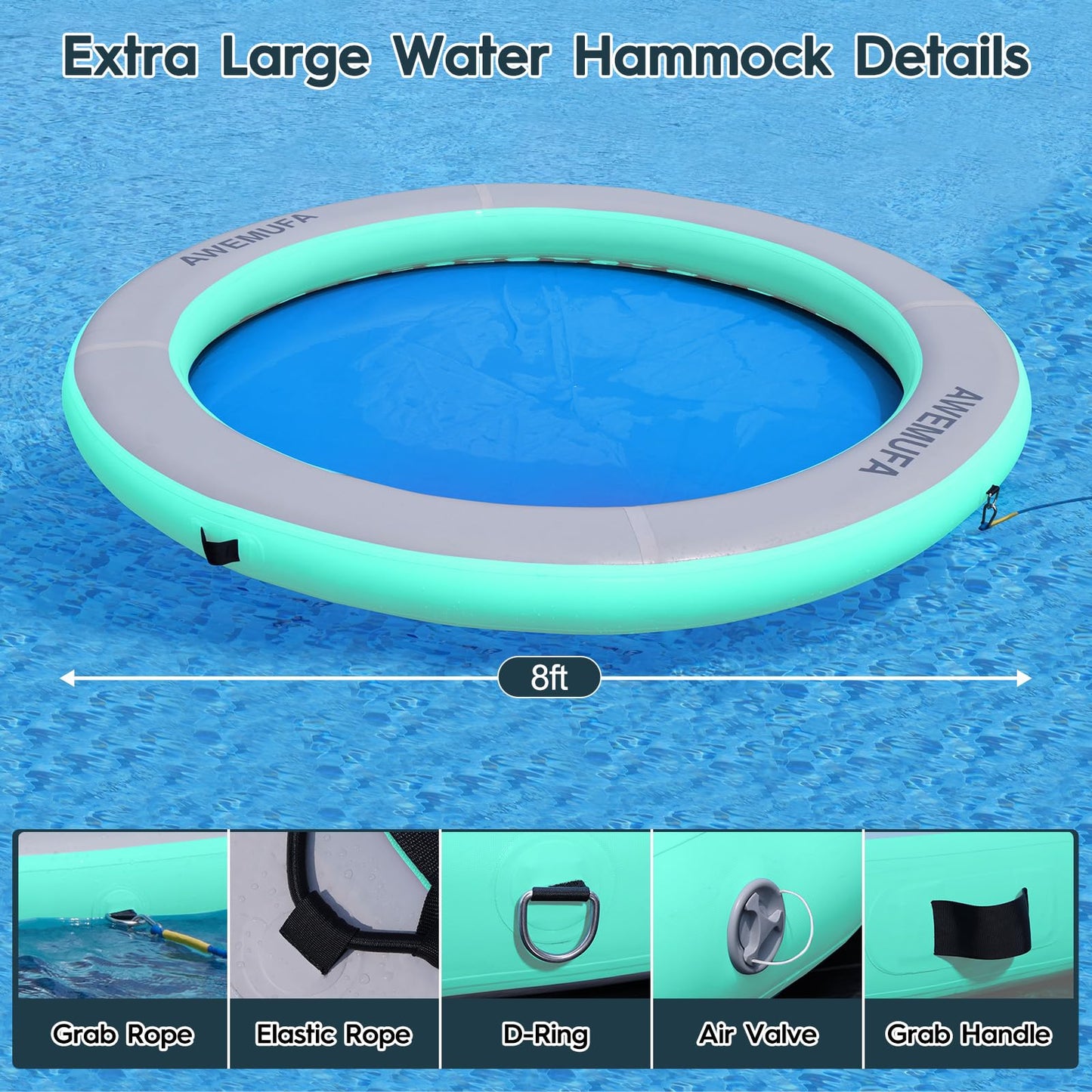 AWEMUFA 8ft Floating Ring Lake Raft – 8-Inch Thick Multi-Person Water Hammock