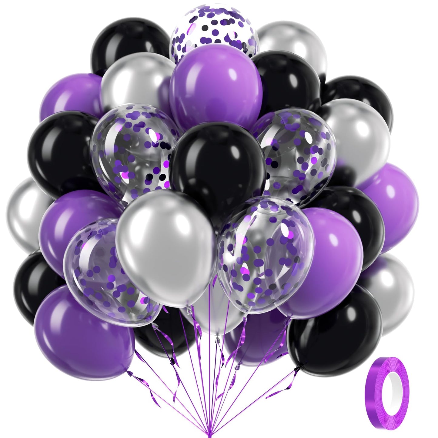 awenztech 60pcs Purple & Black Balloons Set | 12in Confetti & Metallic Silver for Bridal Showers, Graduation, Birthday Parties