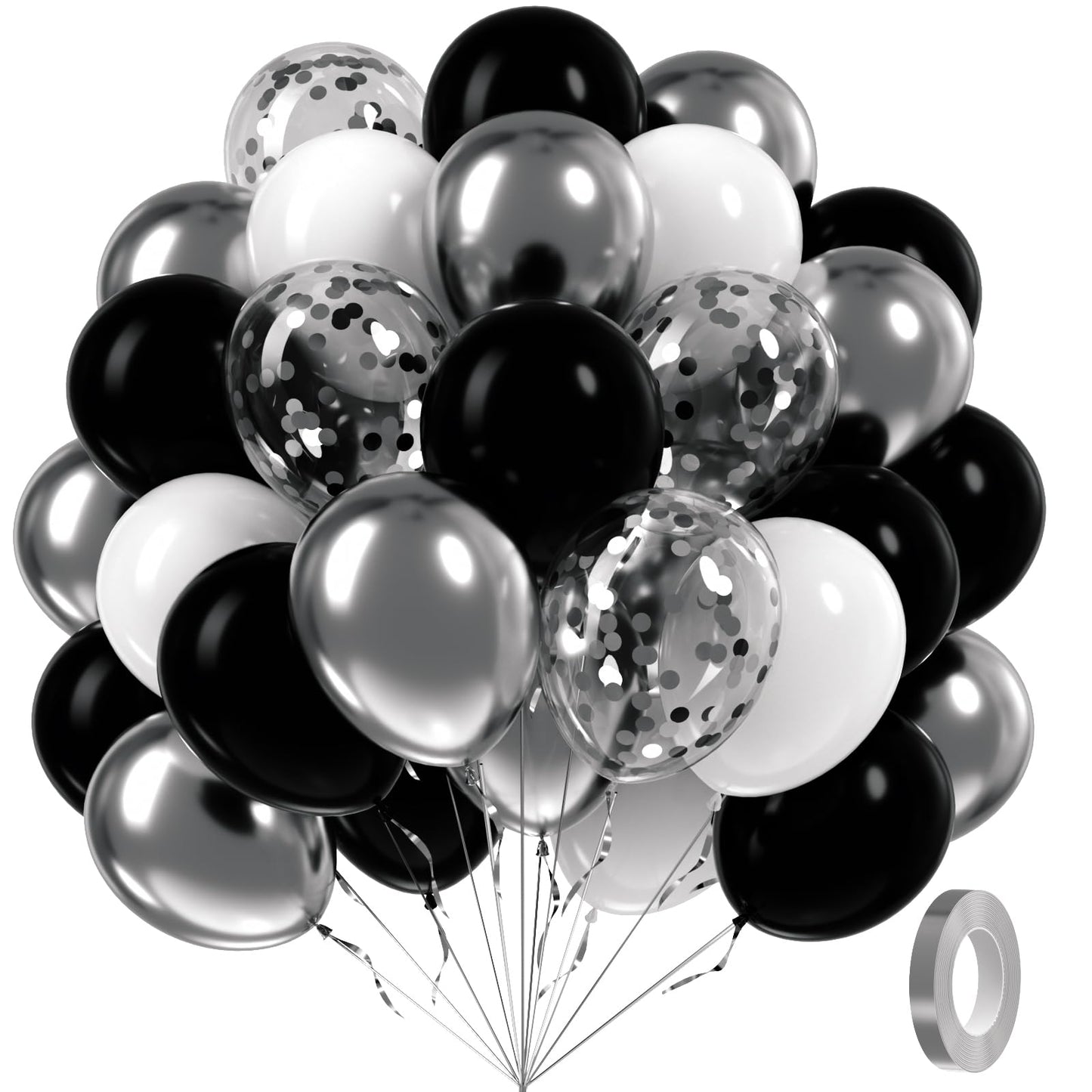 Awenztech 60pcs Black & Silver Balloons 12in — White, Black & Metallic Confetti for Baby Shower & Party Decor