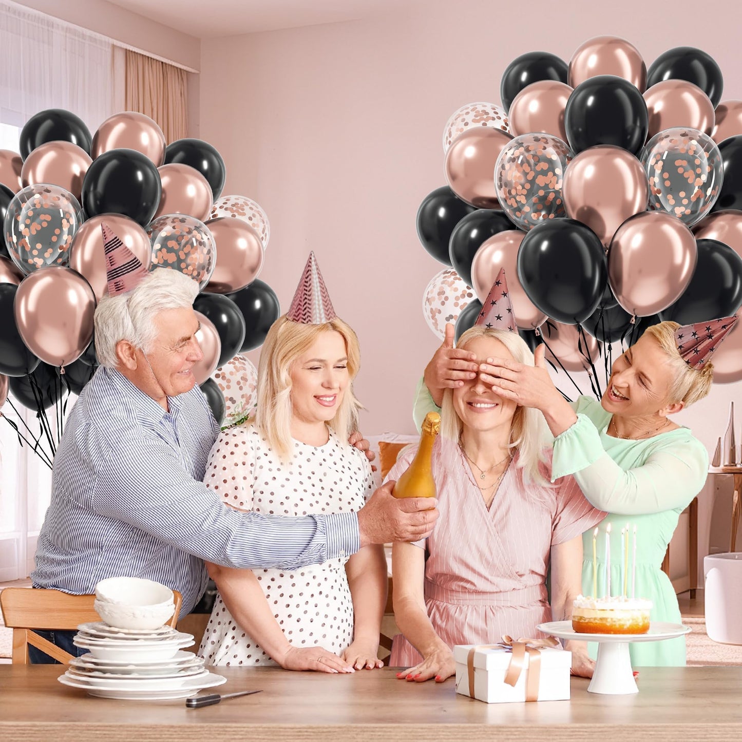 Awenztech 60pcs Rose Gold & Black Balloons Set with Confetti – 12in Party Decor for Weddings, Graduations & More