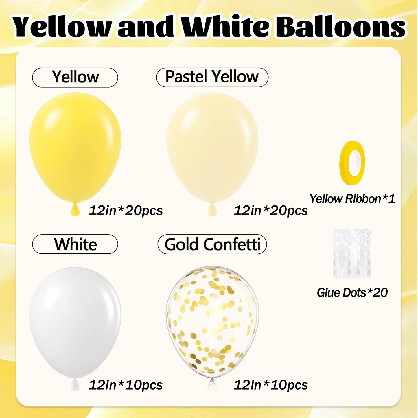 awenztech 60pcs Yellow & White Balloons with Pastel Gold Confetti – 12in Bee Lemon Wedding & Party Decorations