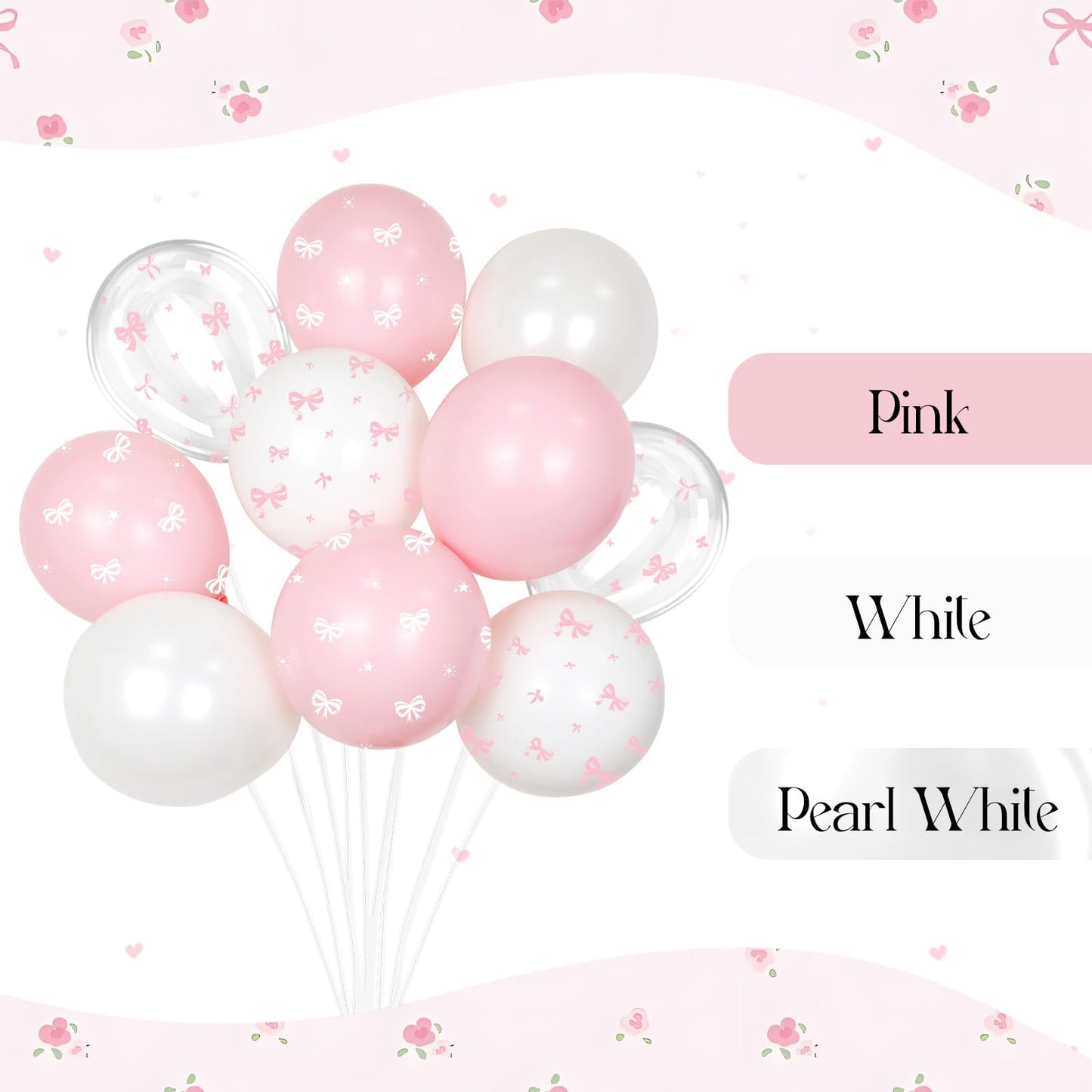 Awenztech 60pc Pink Bow Balloons 12in Set – Pink White Clear Coquette Wedding & Party Decor