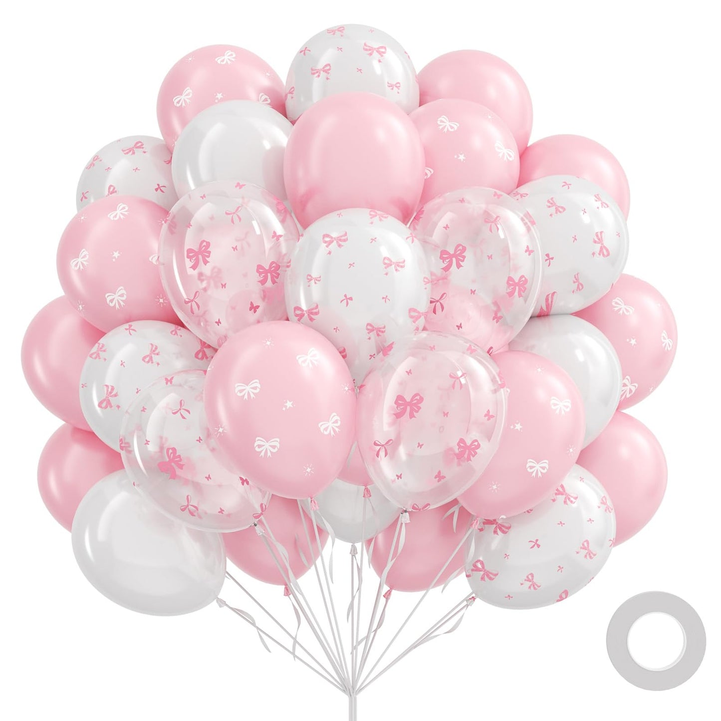 Awenztech 60pc Pink Bow Balloons 12in Set – Pink White Clear Coquette Wedding & Party Decor