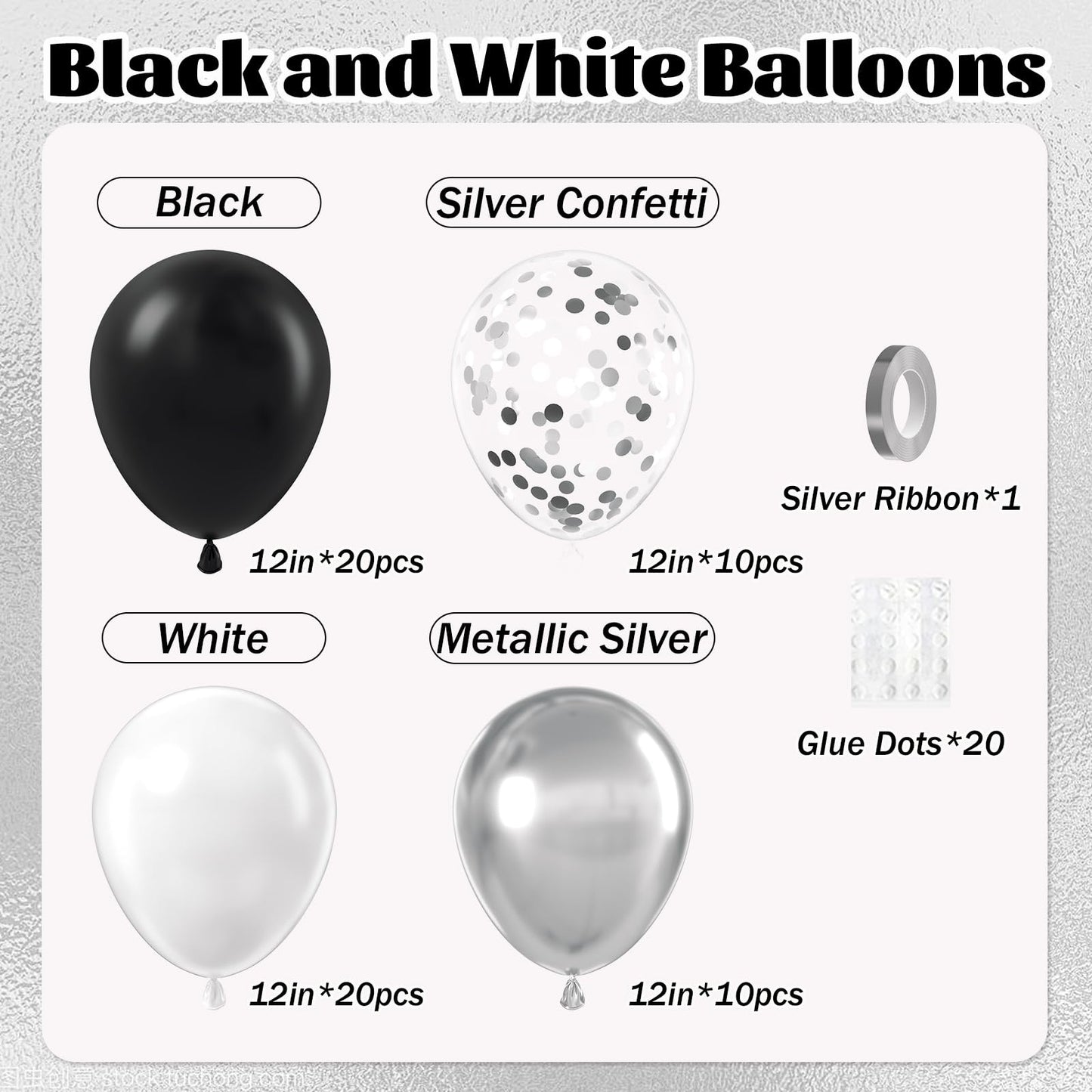 Awenztech 60pcs Black & Silver Balloons 12in — White, Black & Metallic Confetti for Baby Shower & Party Decor