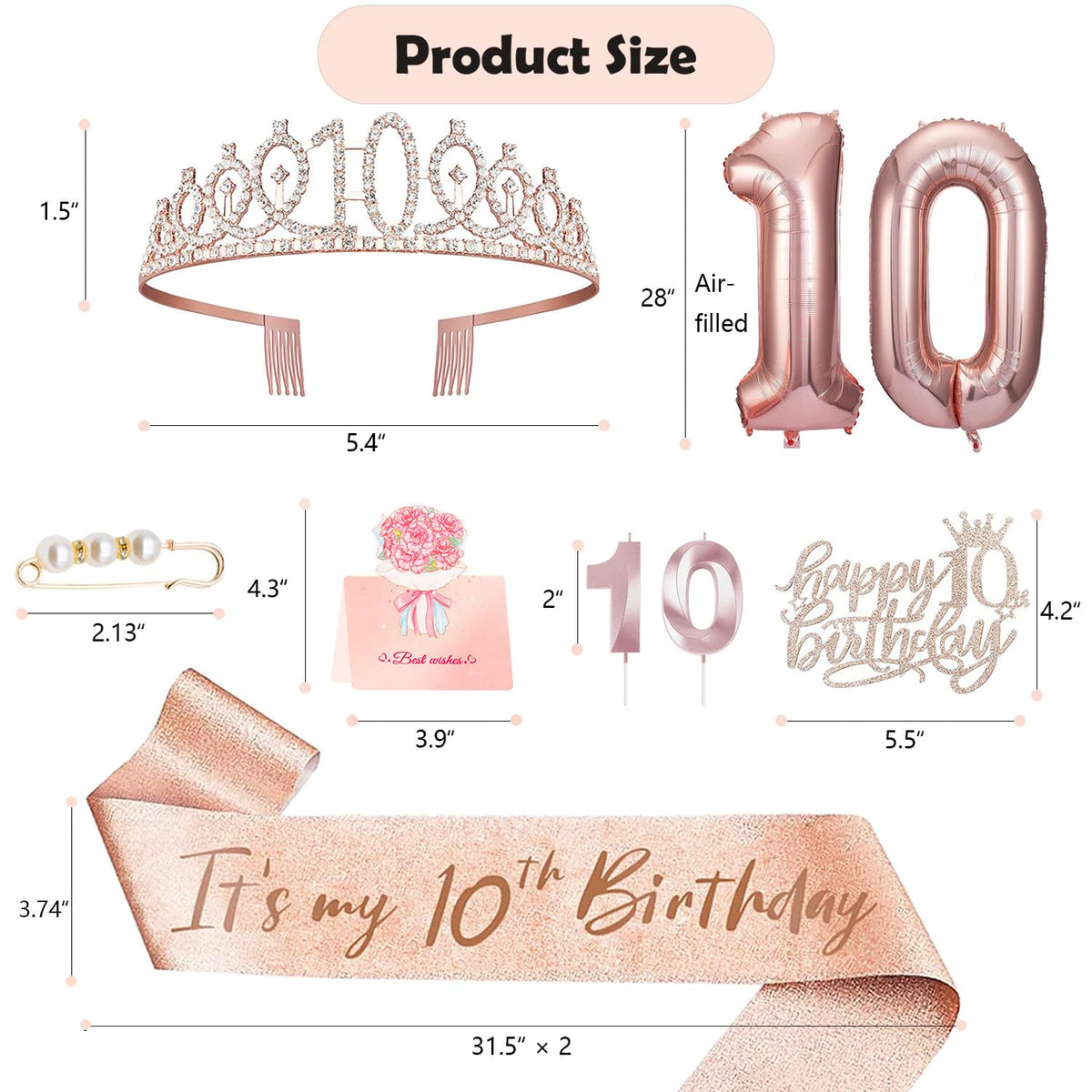 Awfrky 10th Birthday Decorations for Girls – Crown, Sash, Cake Topper, Candles & Balloons