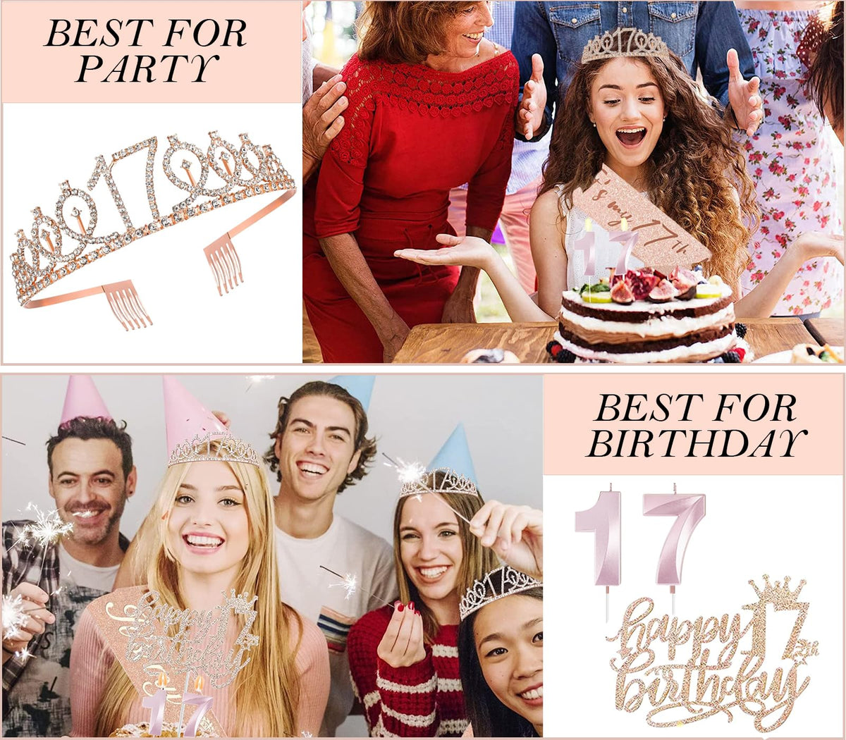 Awfrky 17th Birthday Decorations for Girls – Sash, Crown, Cake Topper, Candles & Balloons