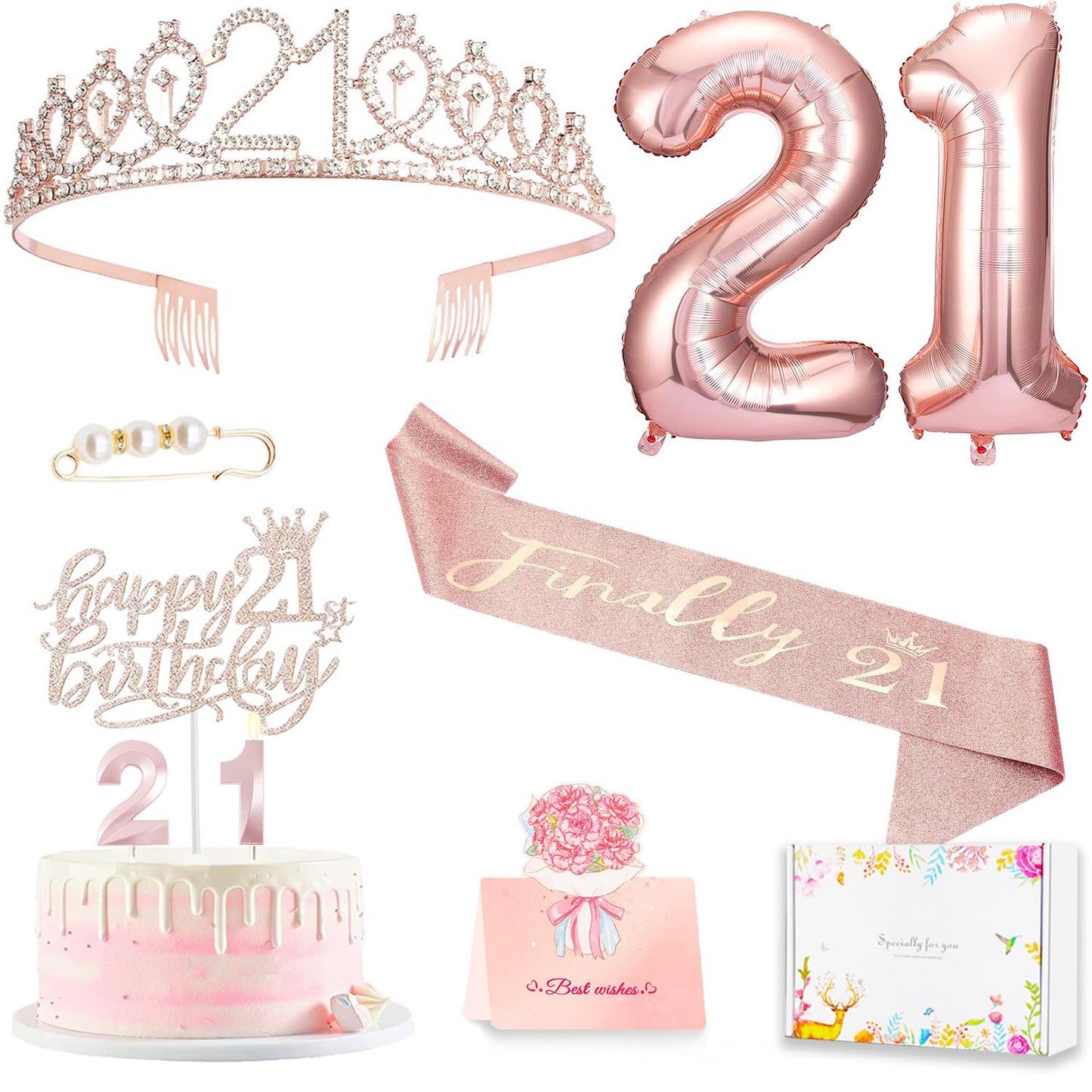 Awfrky 21st Birthday Decorations for Her – Rose Gold Tiara, Sash, Cake Topper & Balloons