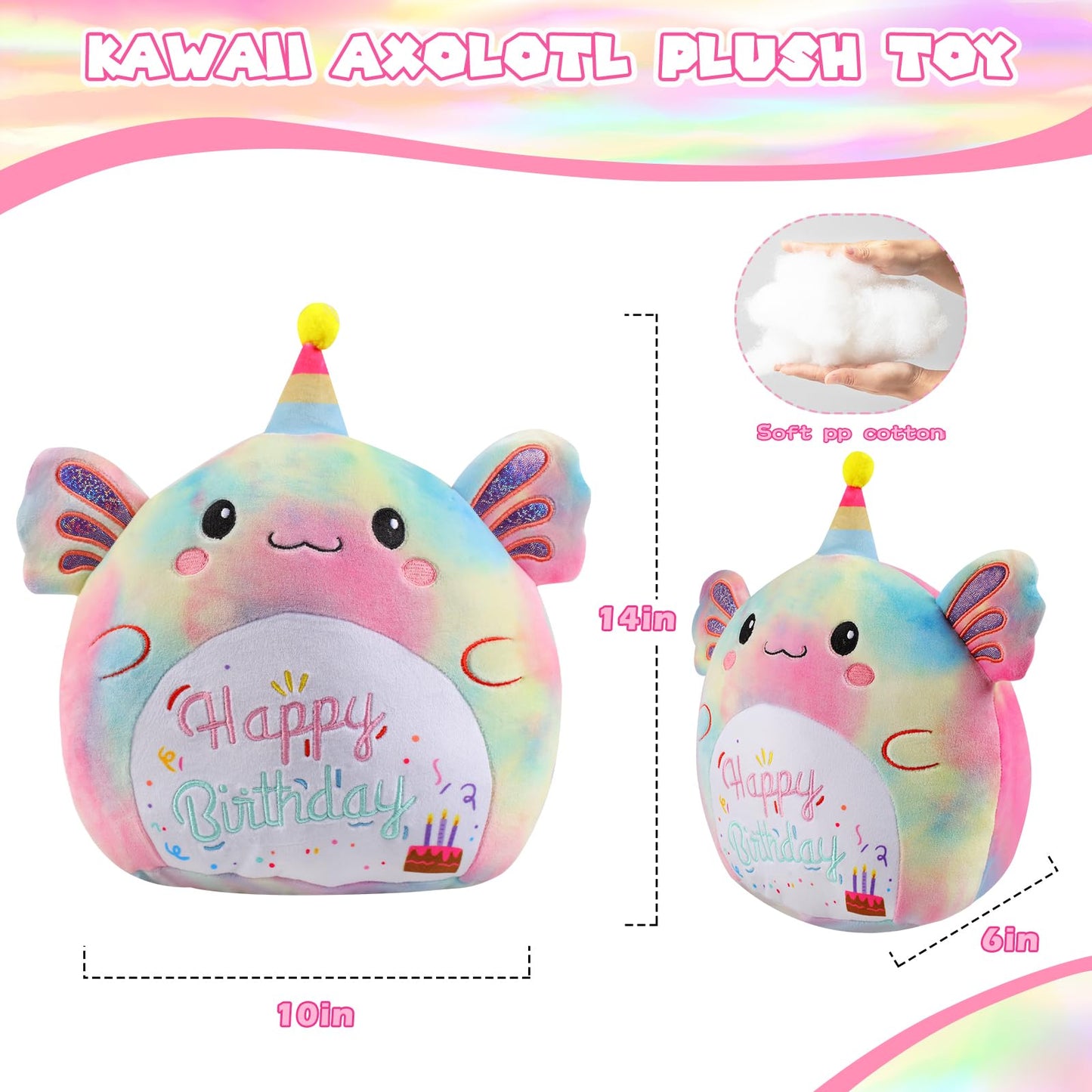 AWNOGKUE 14-Inch Axolotl Plush — Unicorn Tie-Dye Hug Pillow for Kids