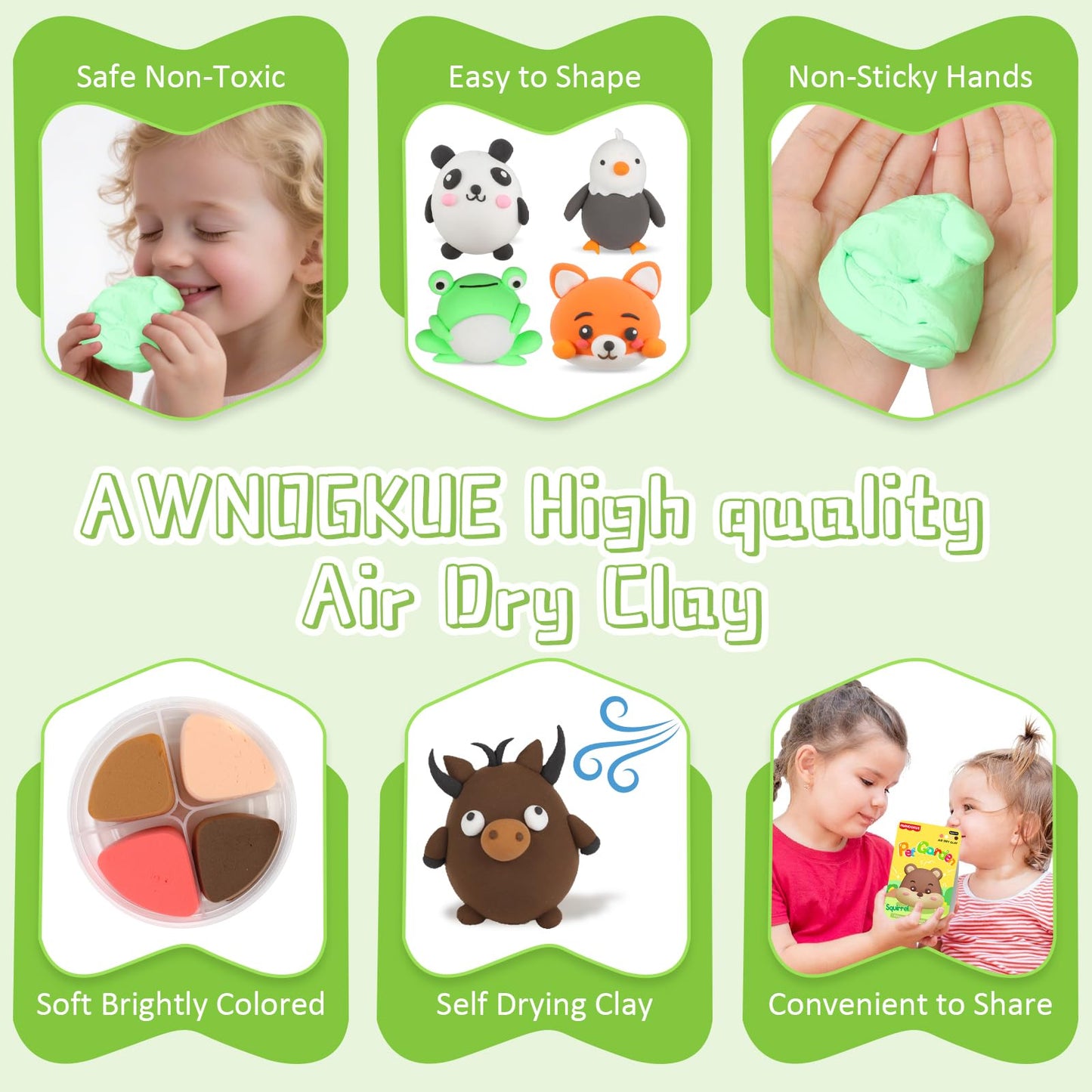 AWNOGKUE Air Dry Clay Kit for Kids – 12-Box Set + 5 Tools, Non-Toxic