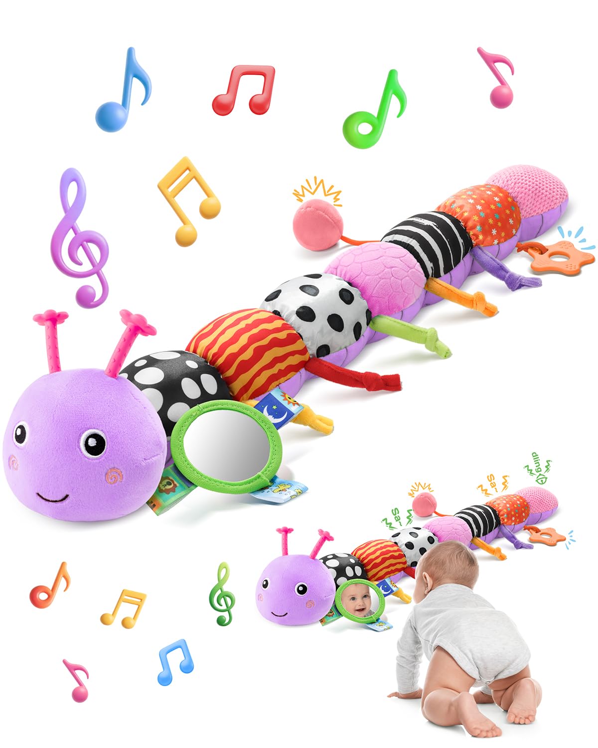 AWOTOY 8-in-1 Developmental Plush Caterpillar — Multi-Sensory Baby Toy for 0-12 Months