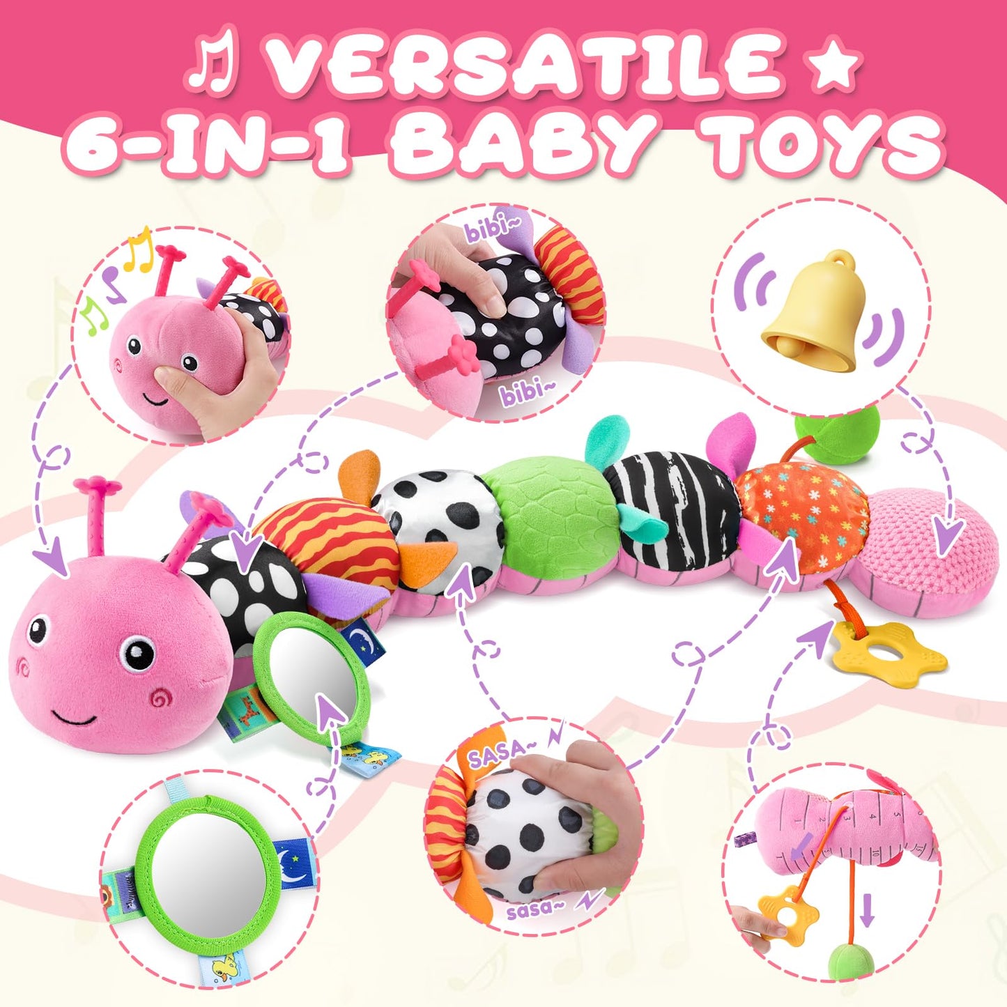 AWOTOY 6-in-1 Musical Caterpillar Plush Toy for Newborns to 12 Months – Tummy Time & Sensory Play