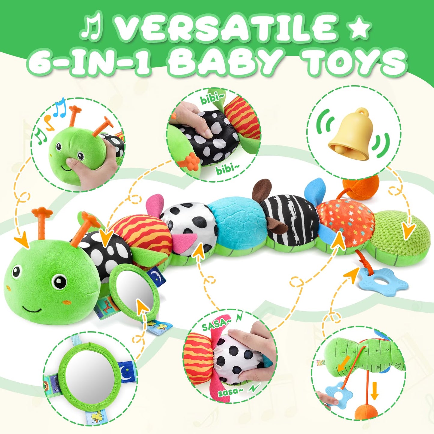 AWOTOY Baby Toys 0-6-12 Months | Multisensory Caterpillar Plush with Crinkle, Rattle & Mirror