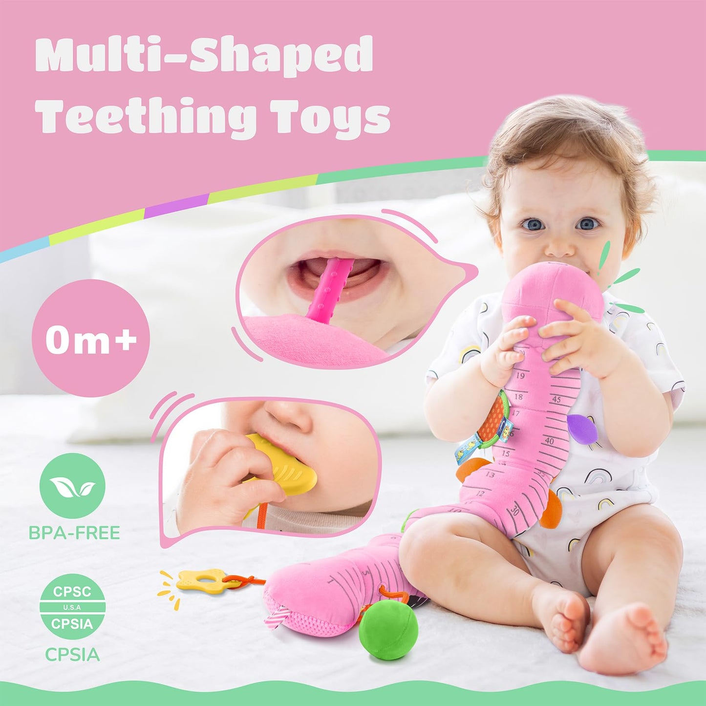 AWOTOY Baby Toys 6-12 Months – 6-in-1 Music Caterpillar with Mirror, Teether & Rattle