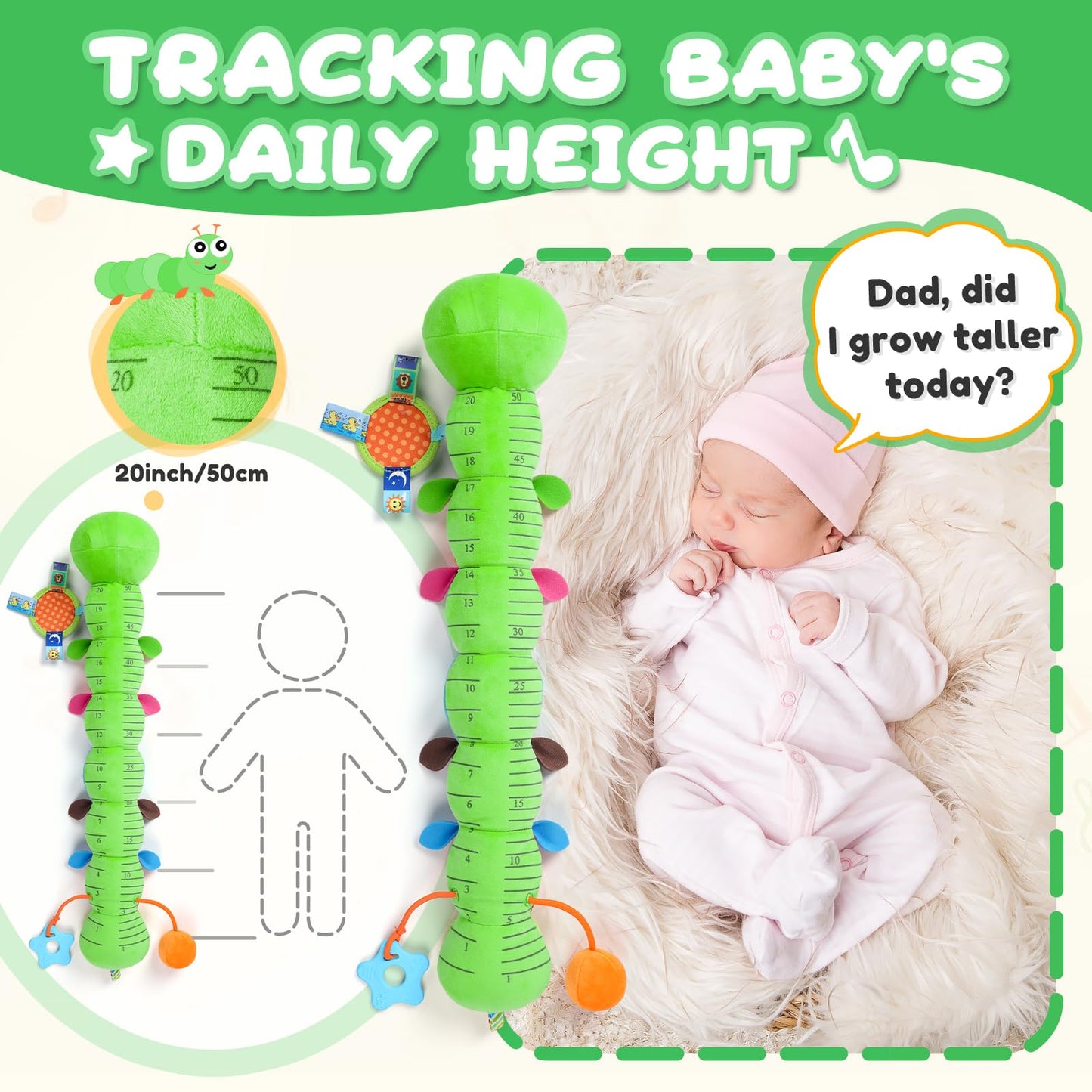 AWOTOY Baby Toys 0-6-12 Months | Multisensory Caterpillar Plush with Crinkle, Rattle & Mirror