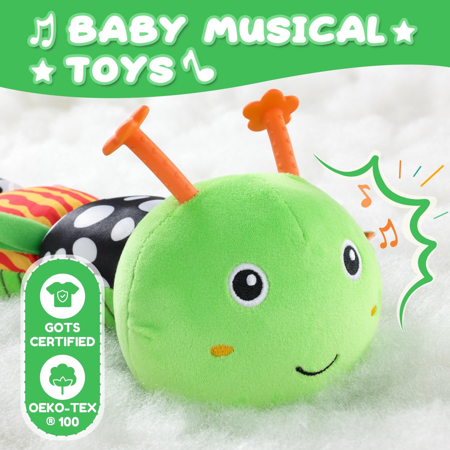 AWOTOY Baby Toys 0-6-12 Months | Multisensory Caterpillar Plush with Crinkle, Rattle & Mirror
