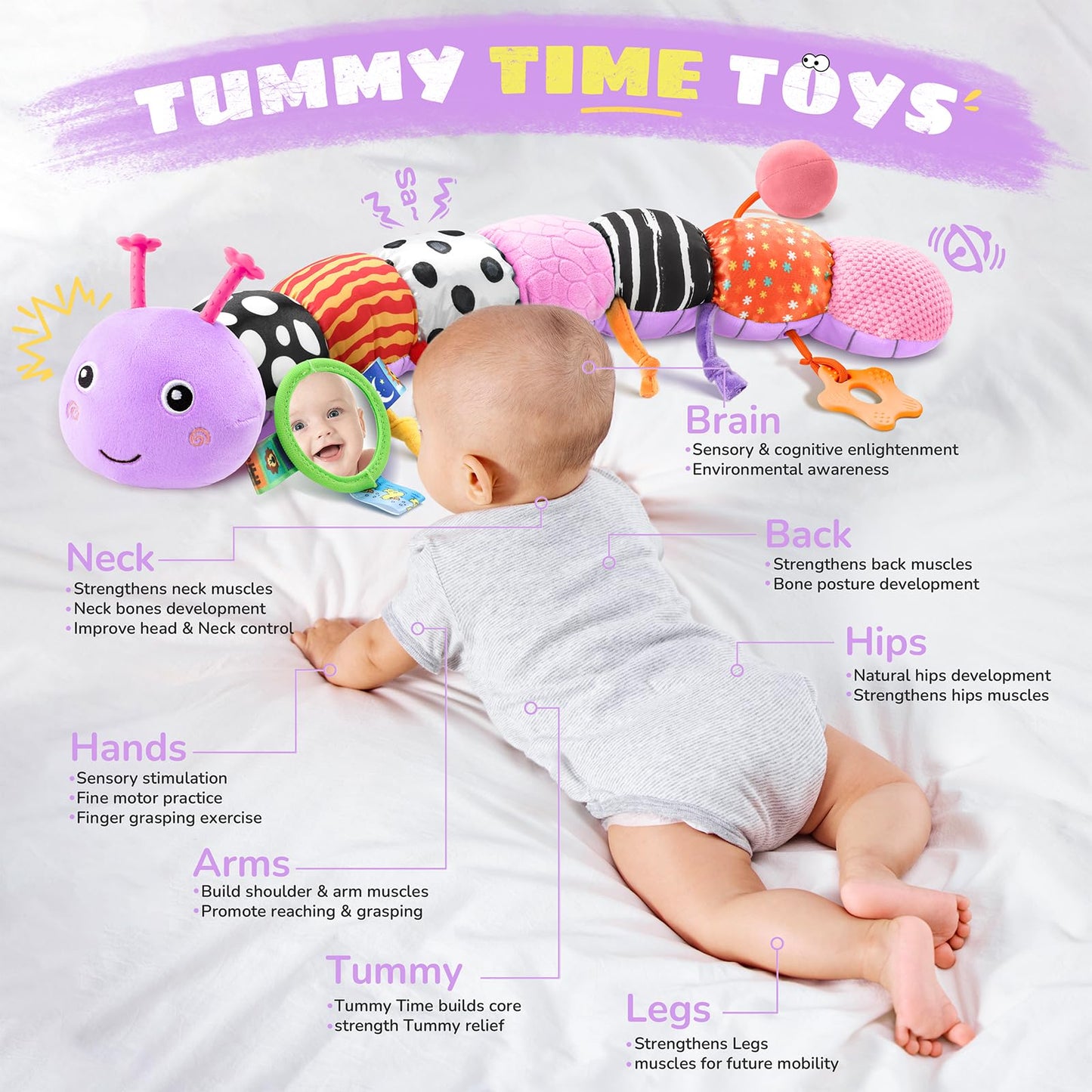 AWOTOY 8-in-1 Developmental Plush Caterpillar — Multi-Sensory Baby Toy for 0-12 Months