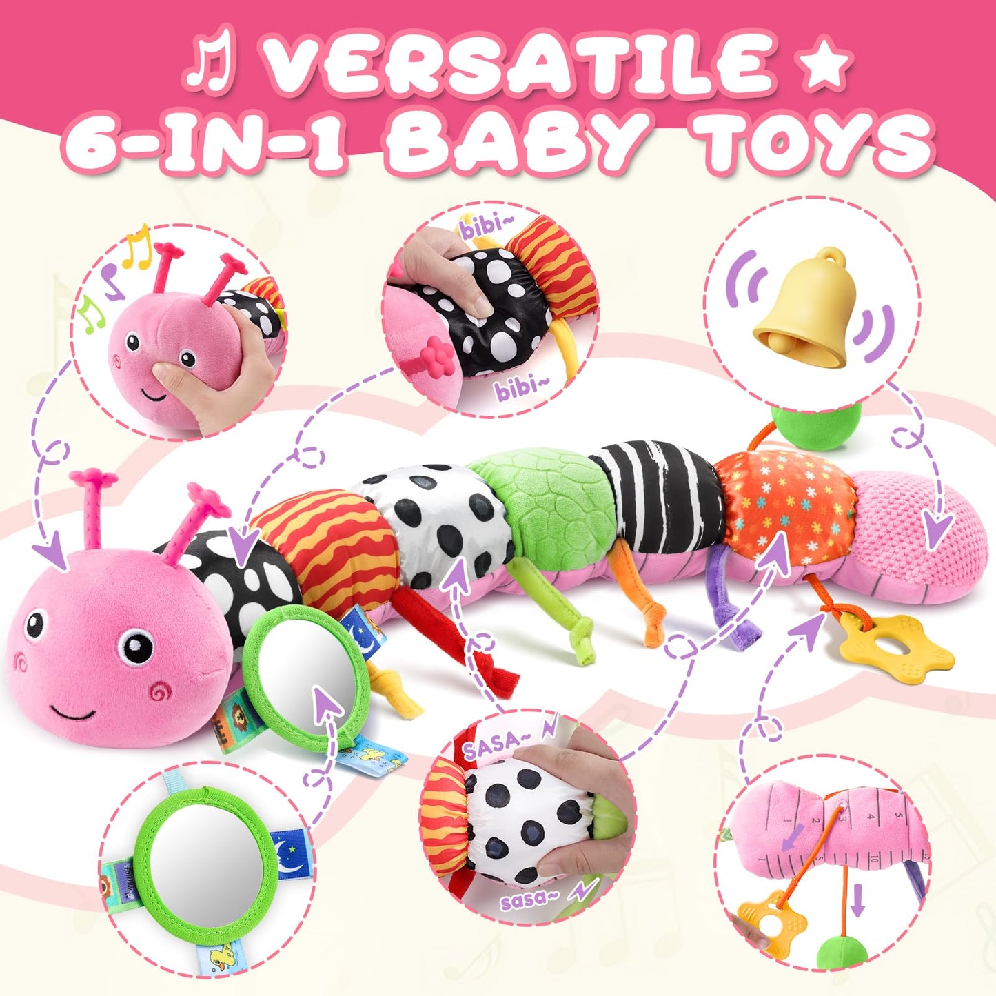 AWOTOY 6-in-1 Musical Caterpillar Baby Toy for Newborns to 12 Months