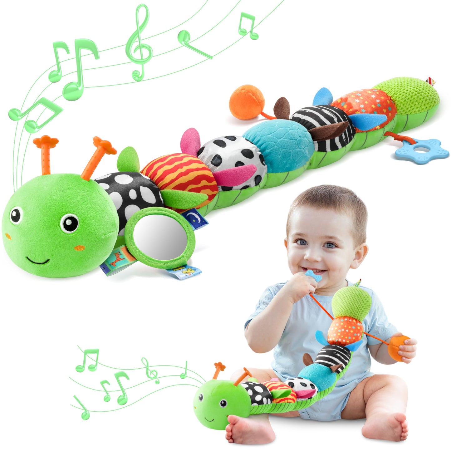 AWOTOY Baby Toys 0-6-12 Months | Multisensory Caterpillar Plush with Crinkle, Rattle & Mirror