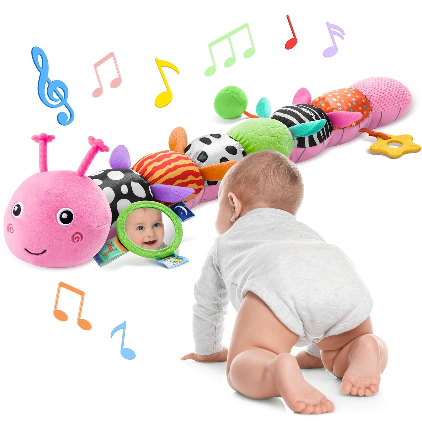 AWOTOY Baby Toys 6-12 Months – 6-in-1 Music Caterpillar with Mirror, Teether & Rattle