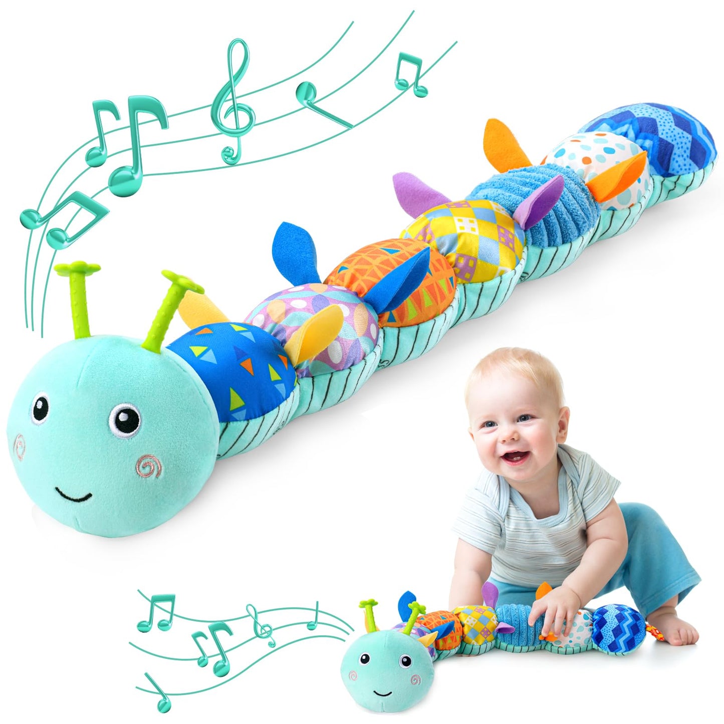 Awotoy Baby Toys 0-12 Months | Musical Caterpillar Plush with Crinkle, Rattle & Textures