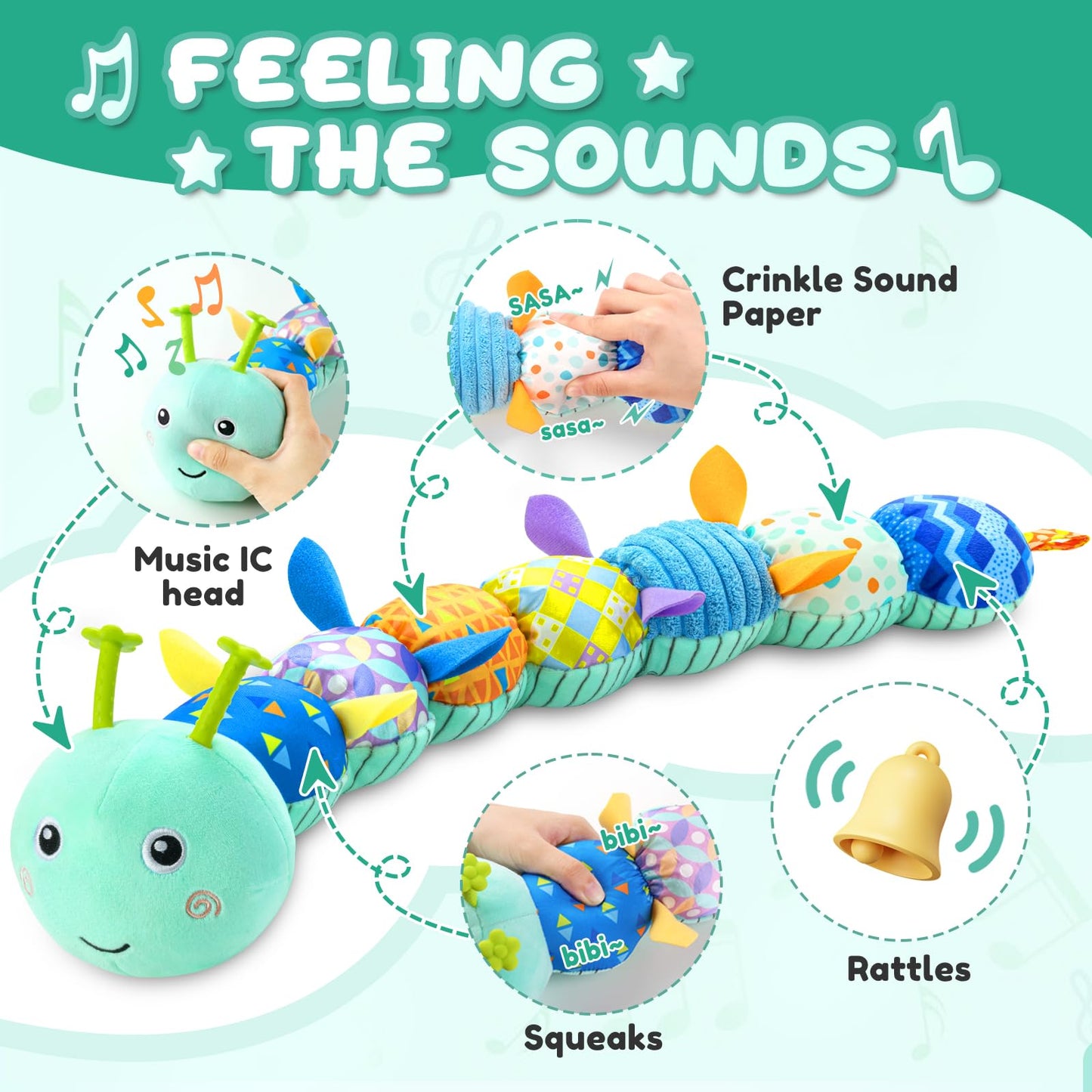Awotoy Baby Toys 0-12 Months | Musical Caterpillar Plush with Crinkle, Rattle & Textures