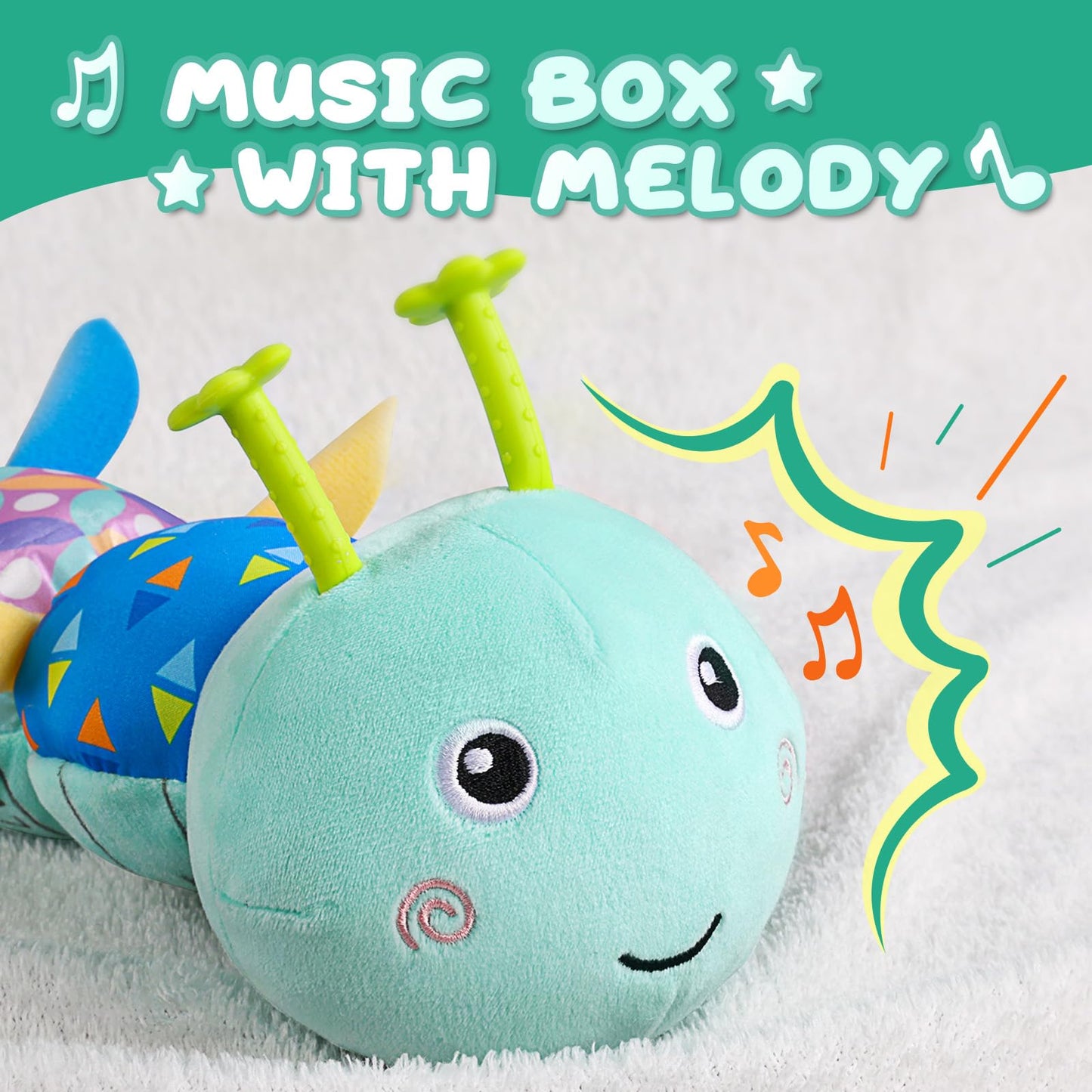 Awotoy Baby Toys 0-12 Months | Musical Caterpillar Plush with Crinkle, Rattle & Textures