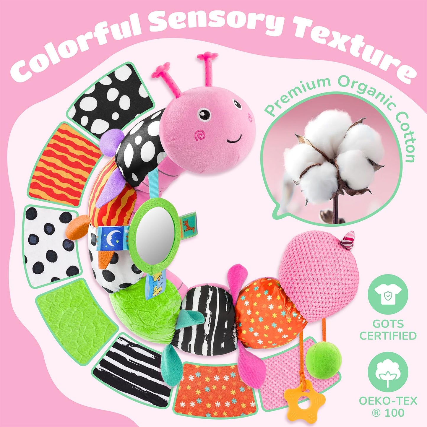 AWOTOY Baby Toys 6-12 Months – 6-in-1 Music Caterpillar with Mirror, Teether & Rattle