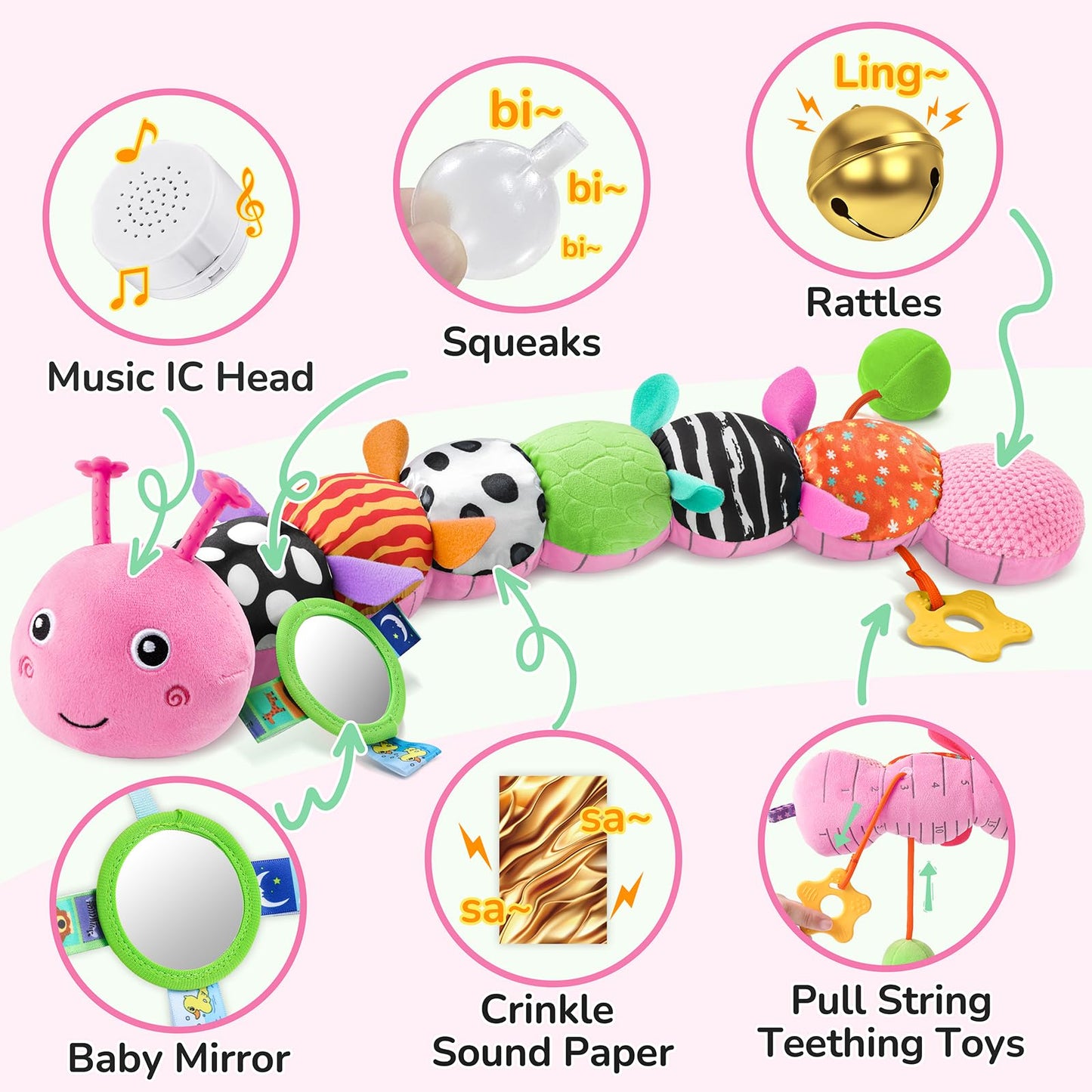 AWOTOY Baby Toys 6-12 Months – 6-in-1 Music Caterpillar with Mirror, Teether & Rattle
