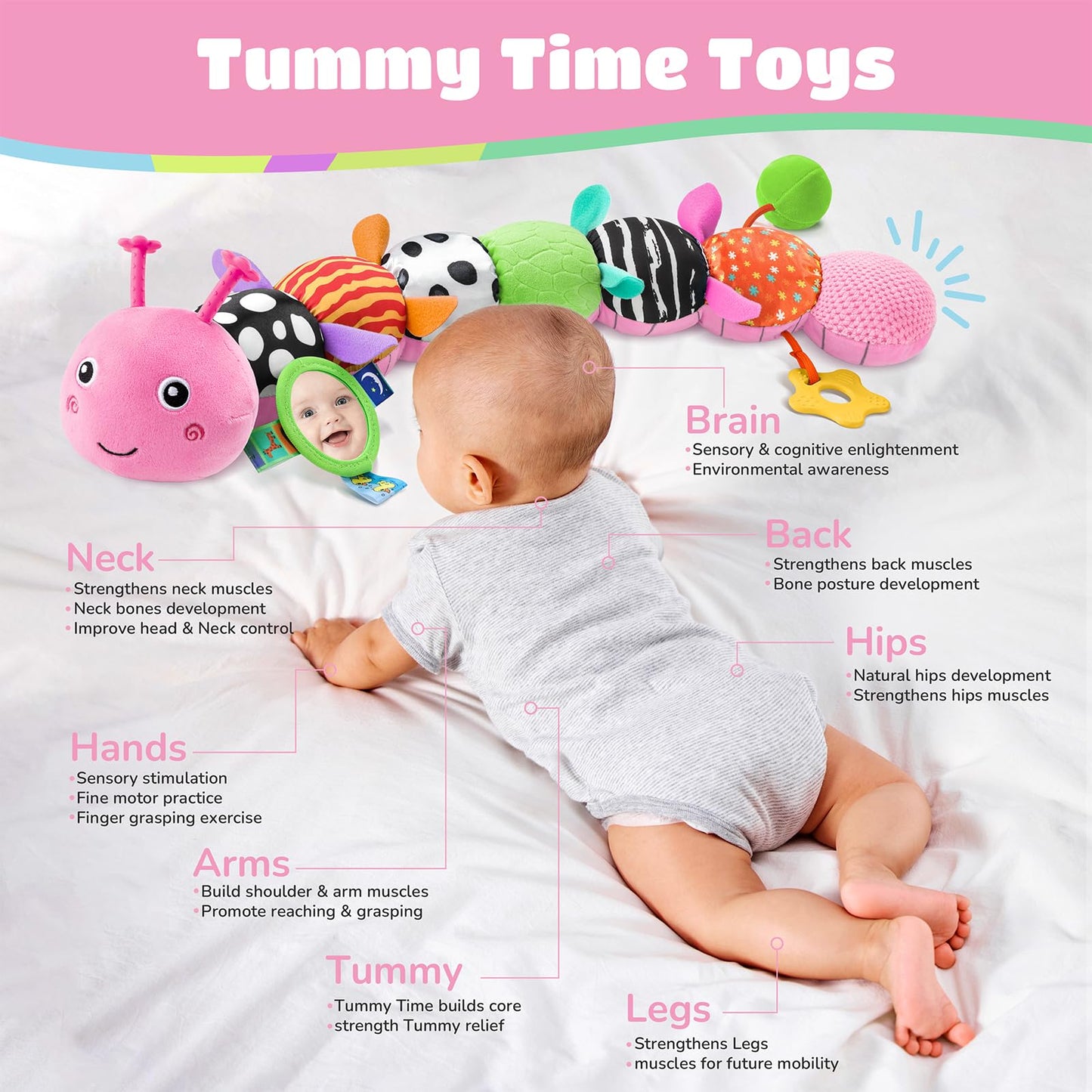 AWOTOY Baby Toys 6-12 Months – 6-in-1 Music Caterpillar with Mirror, Teether & Rattle
