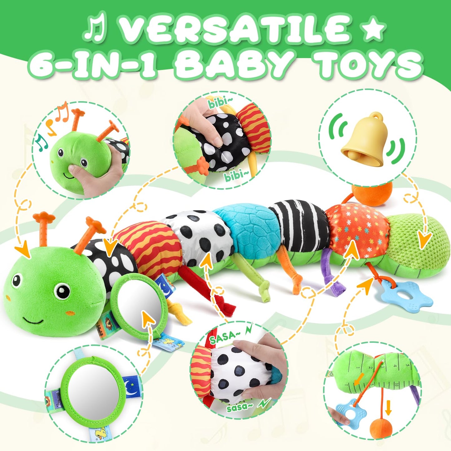 AWOTOY 6-in-1 Musical Caterpillar Baby Toy for 0-12 Months | Tummy Time & Sensory Play