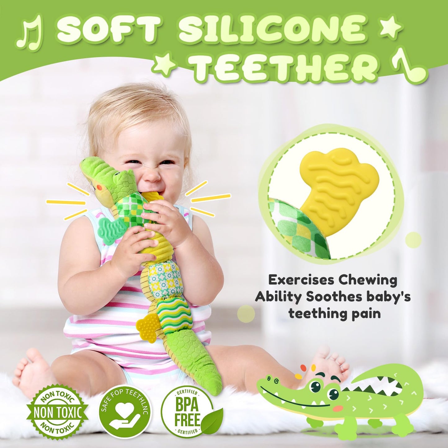 AWOTOY Crocodile Baby Toy (0-12 Months) — Musical Plush with Crinkle, Rattle & Teether