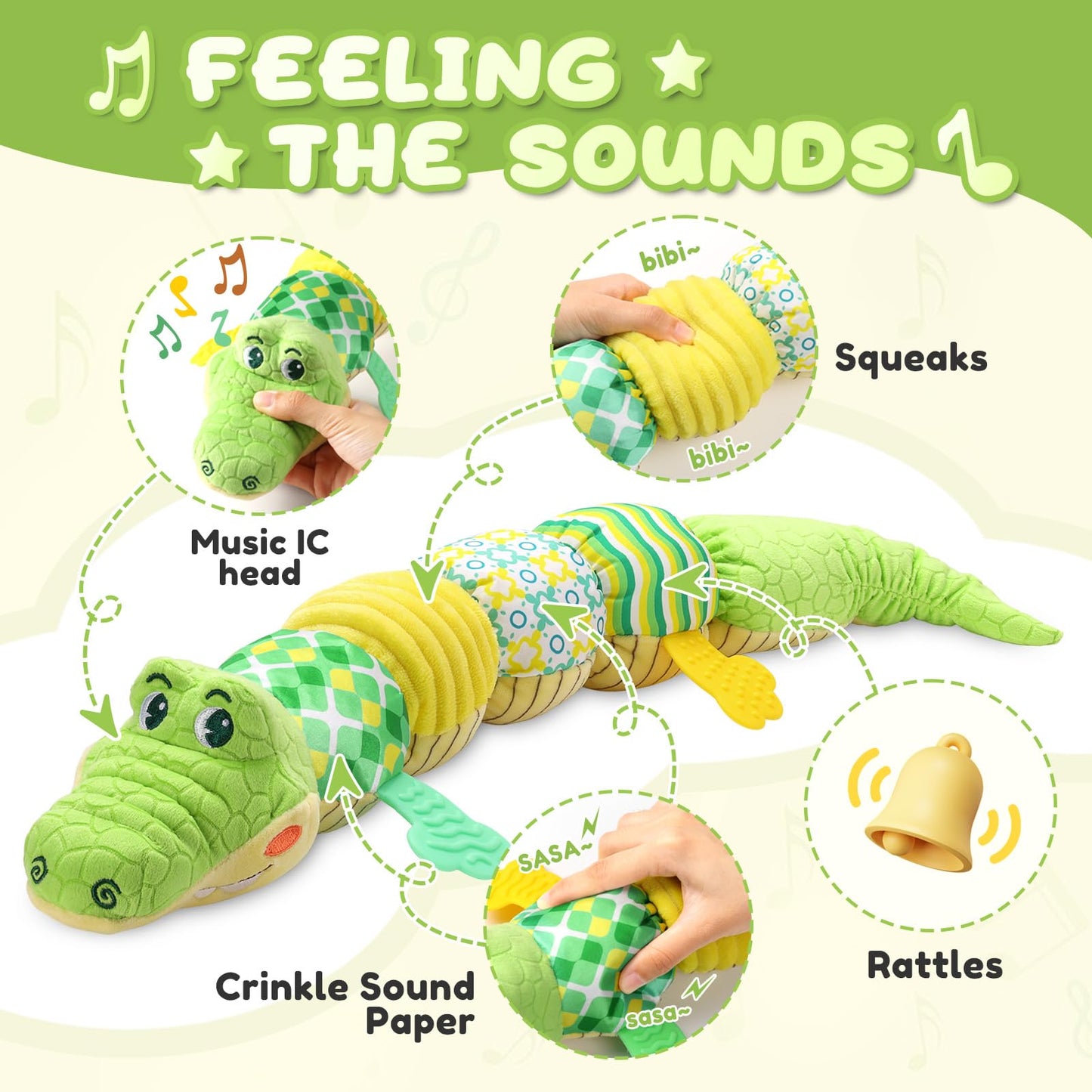 AWOTOY Crocodile Baby Toy (0-12 Months) — Musical Plush with Crinkle, Rattle & Teether