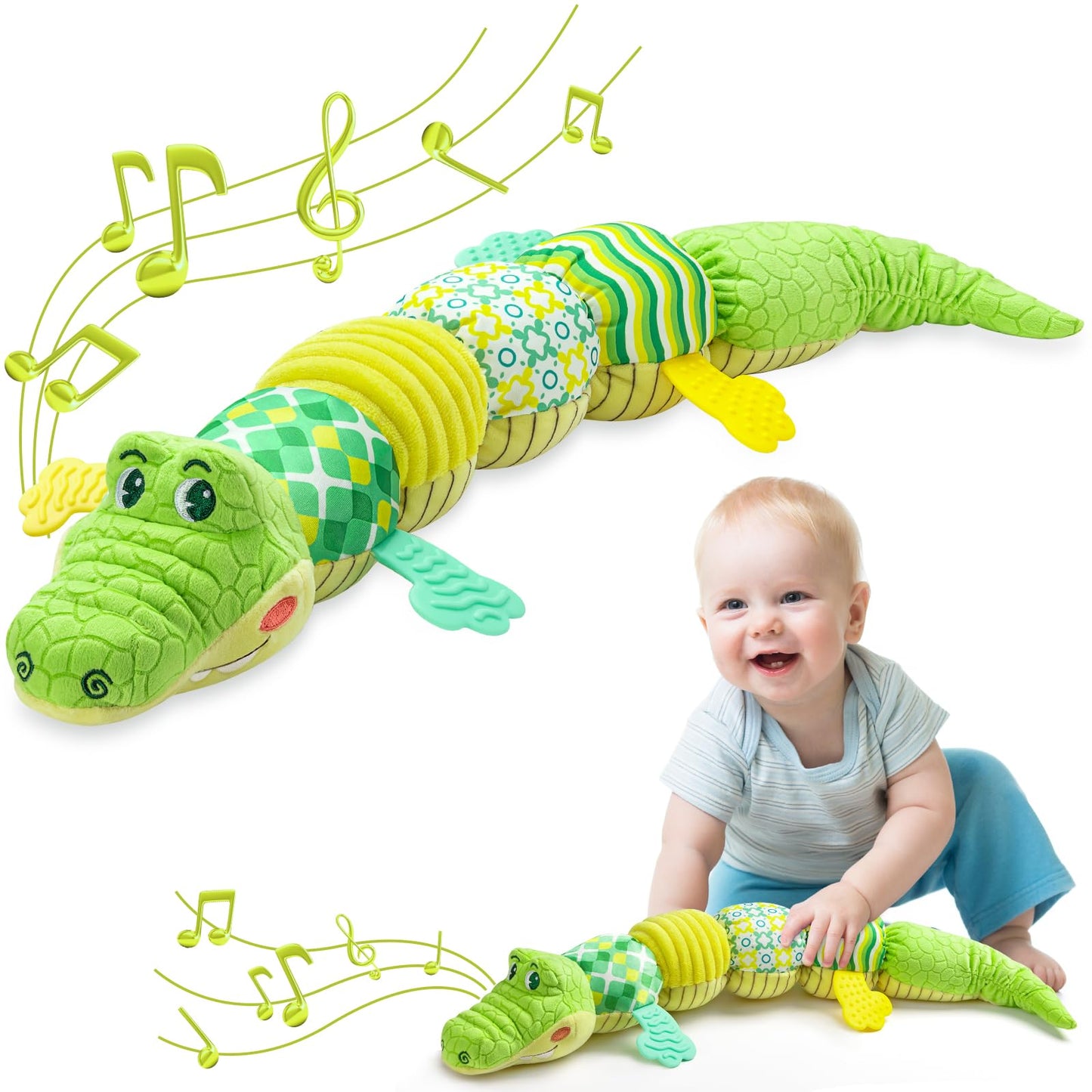 AWOTOY Crocodile Baby Toy (0-12 Months) — Musical Plush with Crinkle, Rattle & Teether