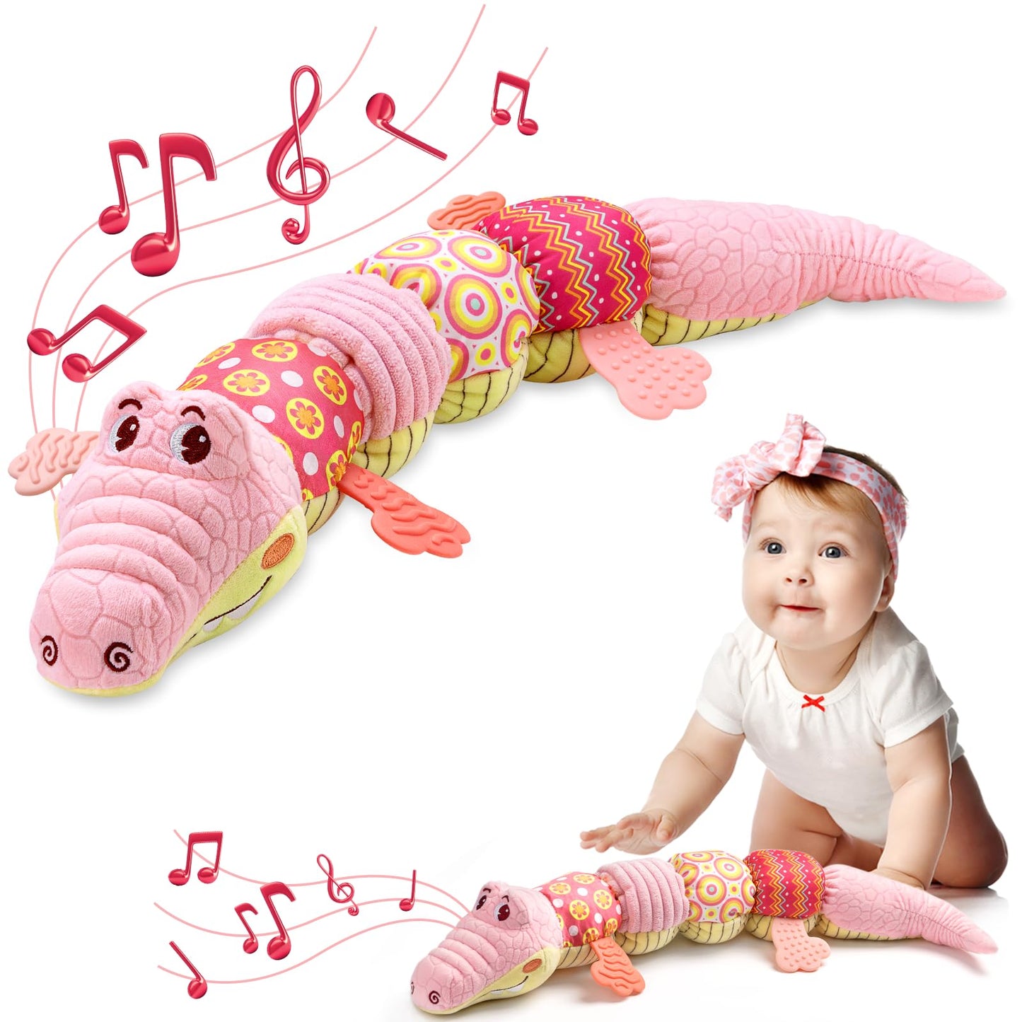 AWOTOY Baby Toys 0-12 Months – Musical Crocodile Plush with Crinkle, Rattle & Textures