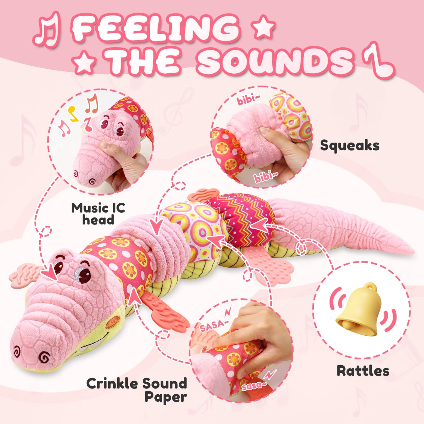 AWOTOY Baby Toys 0-12 Months – Musical Crocodile Plush with Crinkle, Rattle & Textures