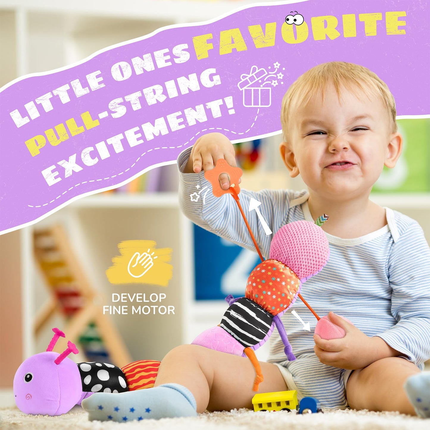 AWOTOY 8-in-1 Developmental Plush Caterpillar — Multi-Sensory Baby Toy for 0-12 Months