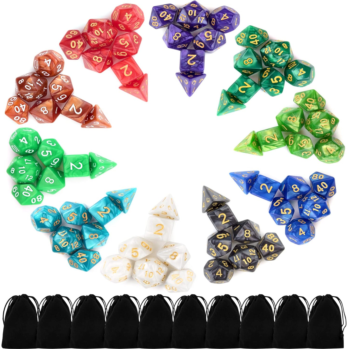 Awpeye 10x7 Polyhedral Dice Set (70 Pieces) for D&D and RPG – 10 Colorful Sets with 10 Pouches
