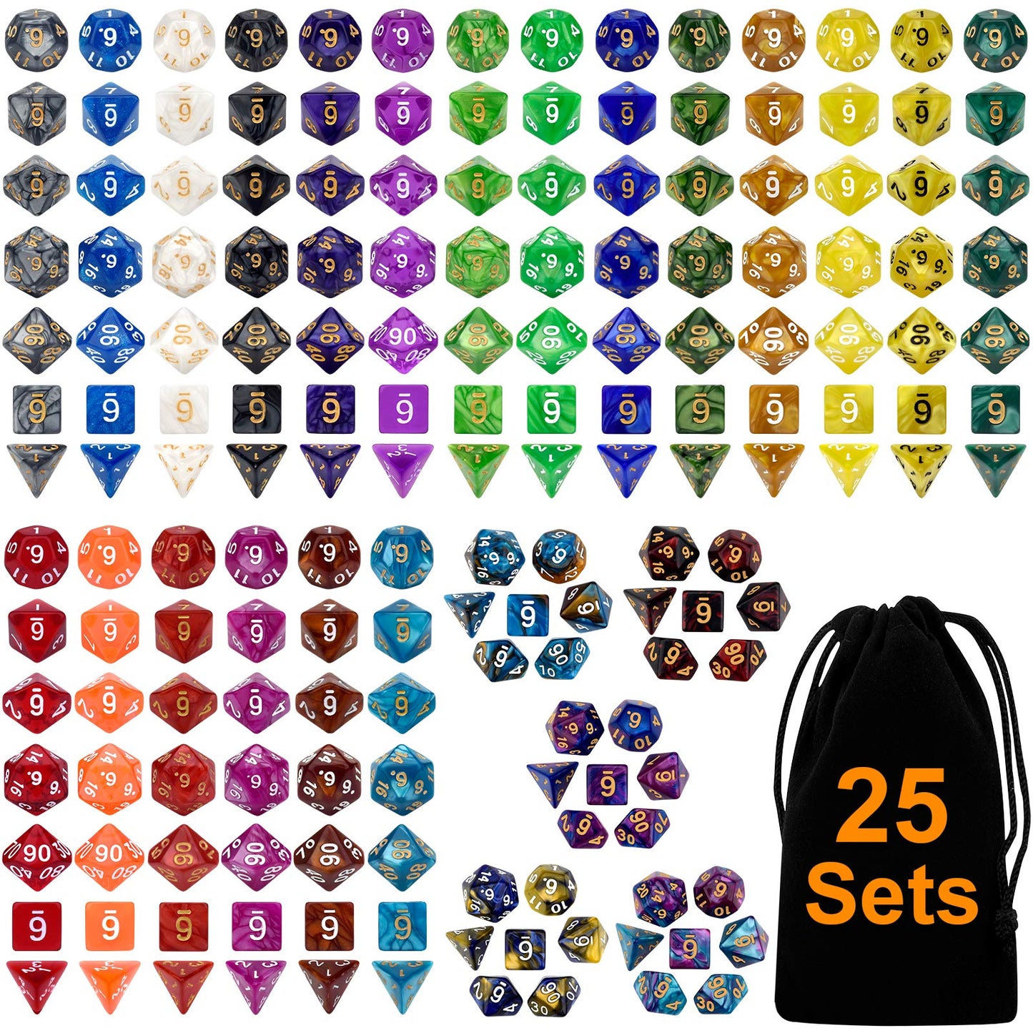 Awpeye DND Double-Colors Polyhedron Dice Set – 25 Colorful Sets with Flannel Bag (175 Pieces)