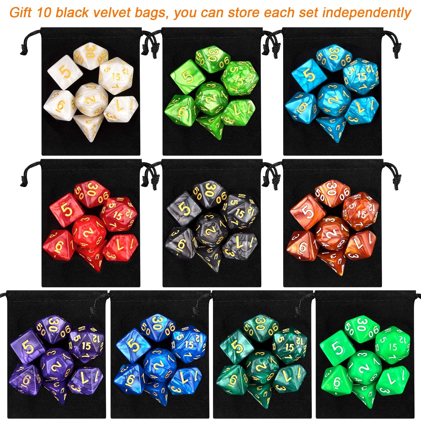 Awpeye 10x7 Polyhedral Dice Set (70 Pieces) for D&D and RPG – 10 Colorful Sets with 10 Pouches