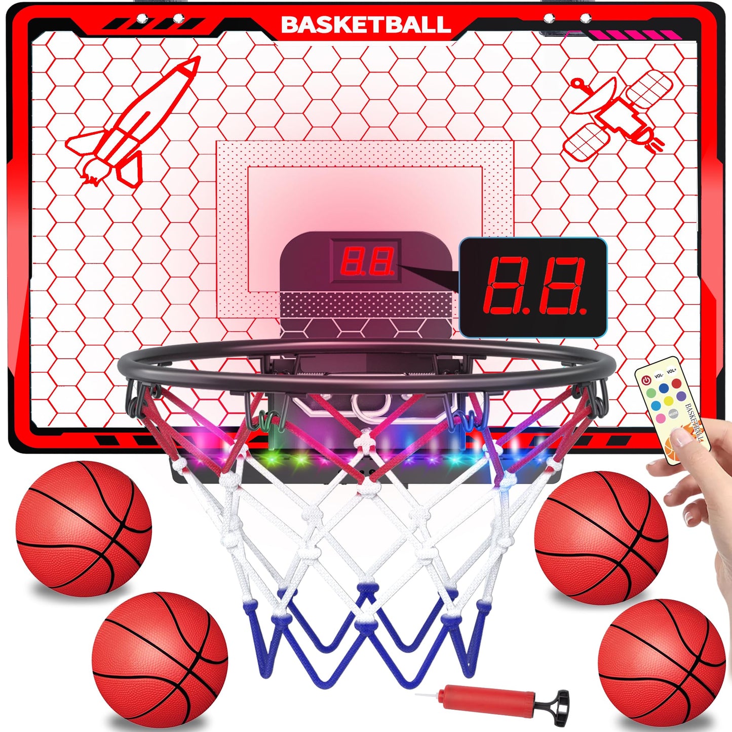 Awsoo Indoor Basketball Hoop for Kids with LED Lights, Scoreboard & 4 Balls – Door-Mount Mini Hoop (Red)