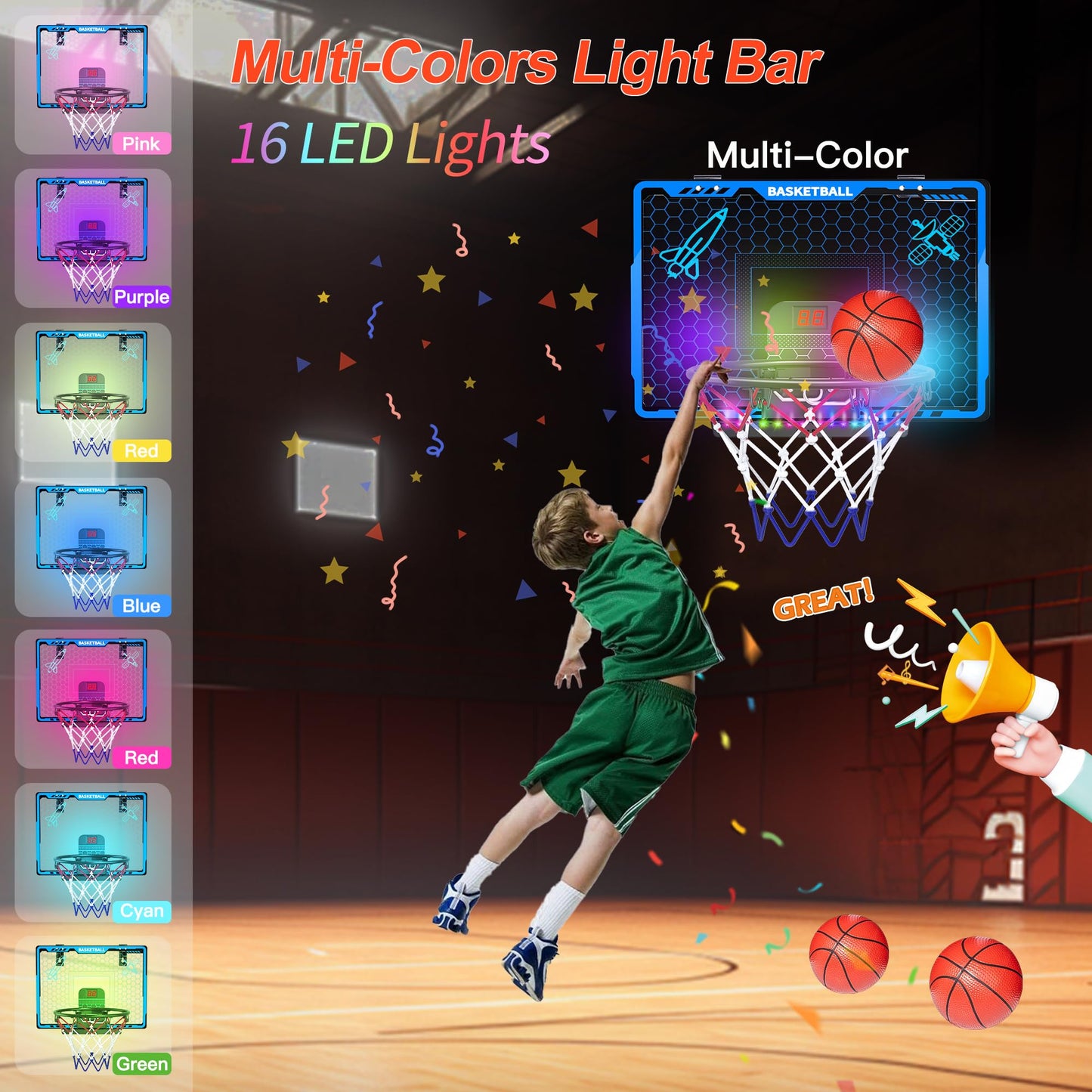 Awsoo Mini Basketball Hoop for Kids – Blue Indoor Hoop with 4 Balls, LED Scoreboard