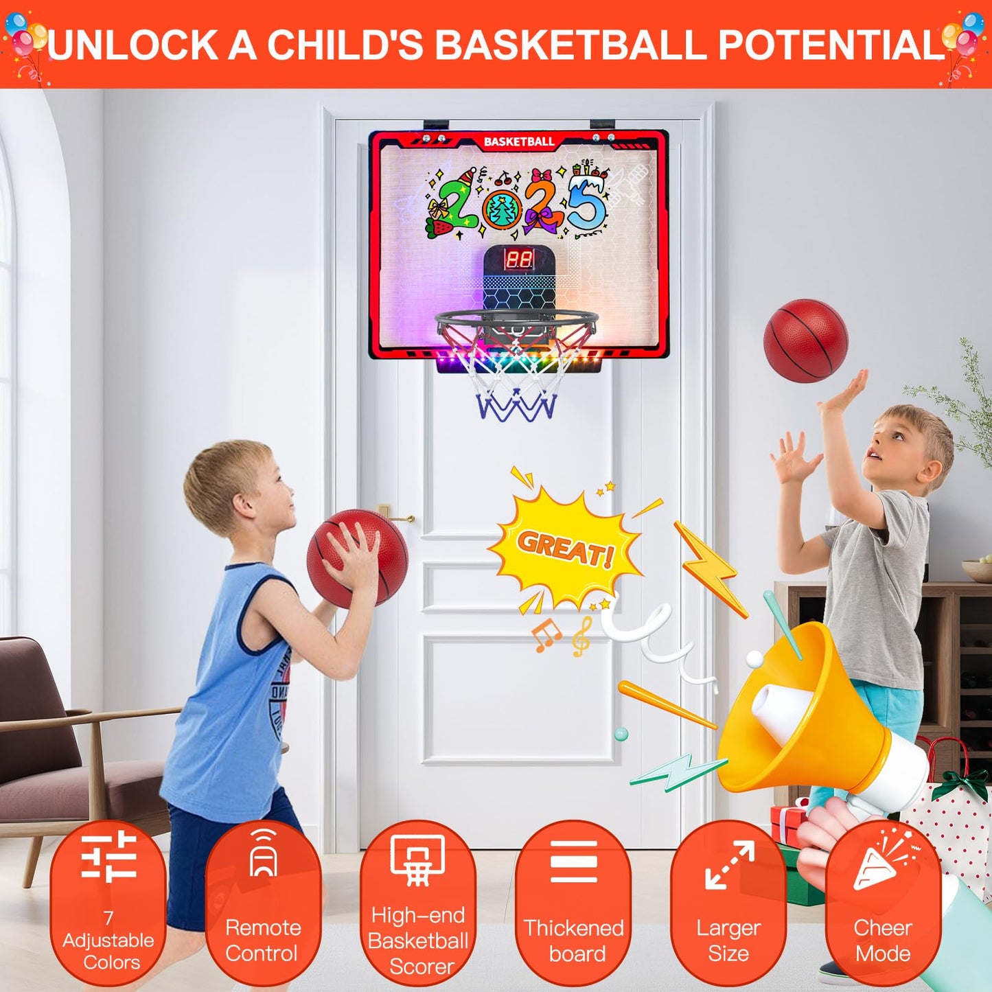 Awsoo Indoor Basketball Hoop for Kids with LED Lights, Scoreboard & 4 Balls – Door-Mount Mini Hoop (Red)