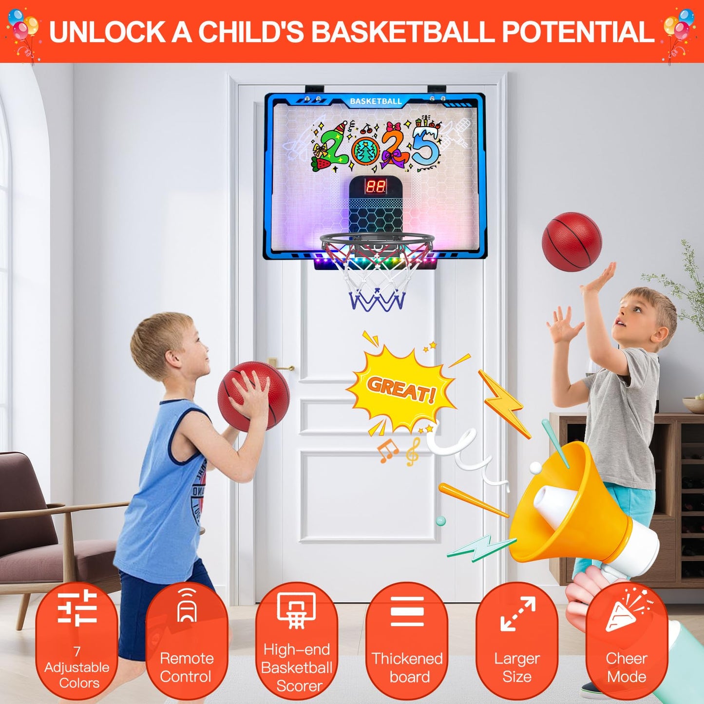 Awsoo Mini Basketball Hoop for Kids – Blue Indoor Hoop with 4 Balls, LED Scoreboard