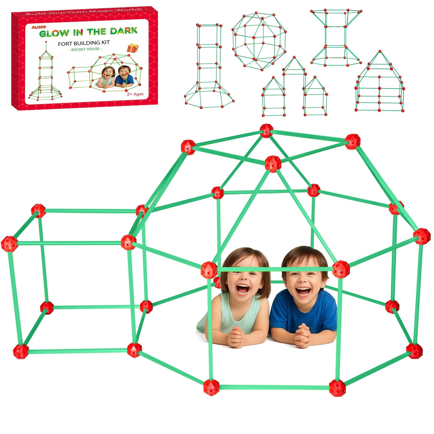 Awsoo Fort Building Kit for Kids – Glow-in-the-Dark STEM Construction Toy, 52 Poles & 24 Connectors
