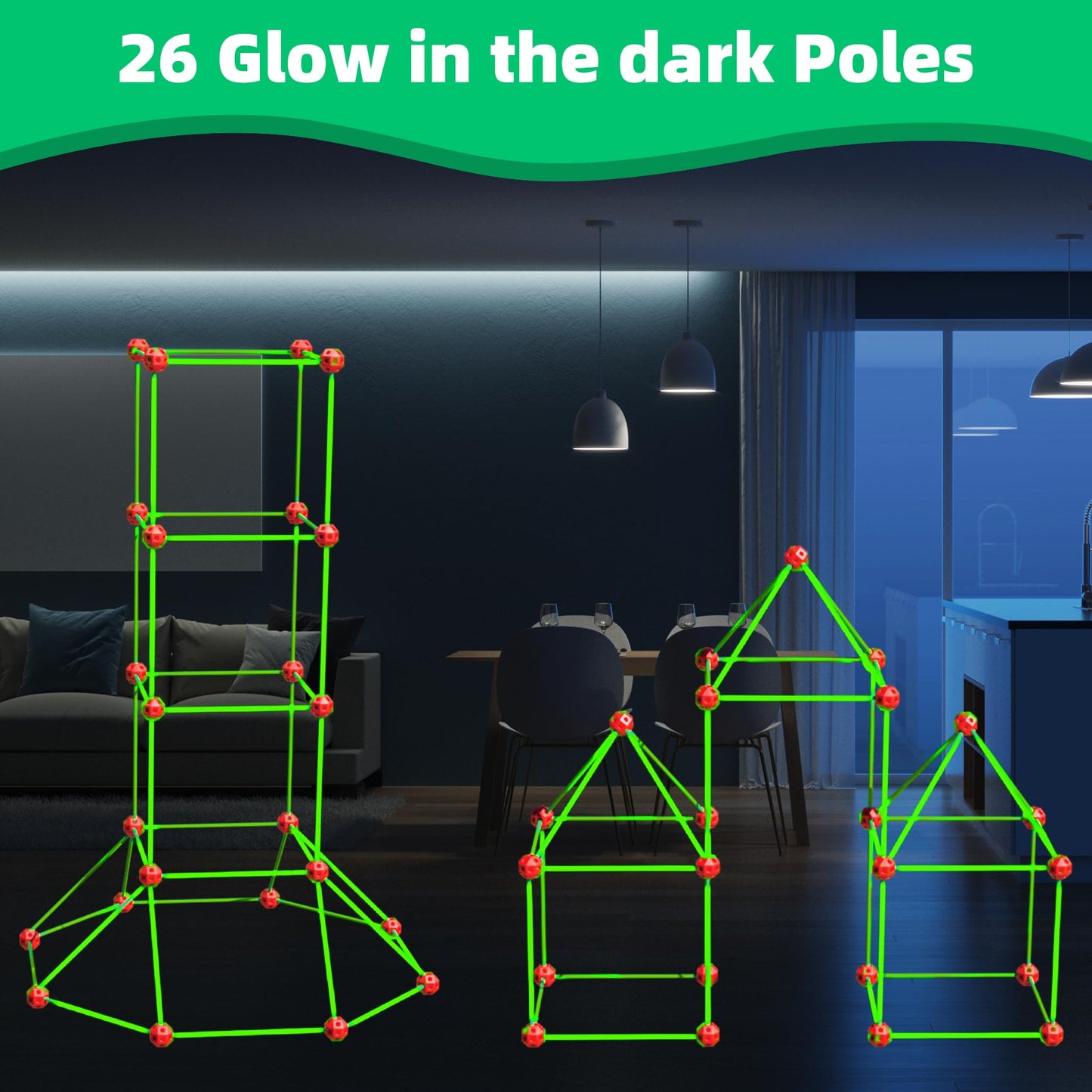 Awsoo Fort Building Kit for Kids – Glow-in-the-Dark STEM Construction Toy, 52 Poles & 24 Connectors