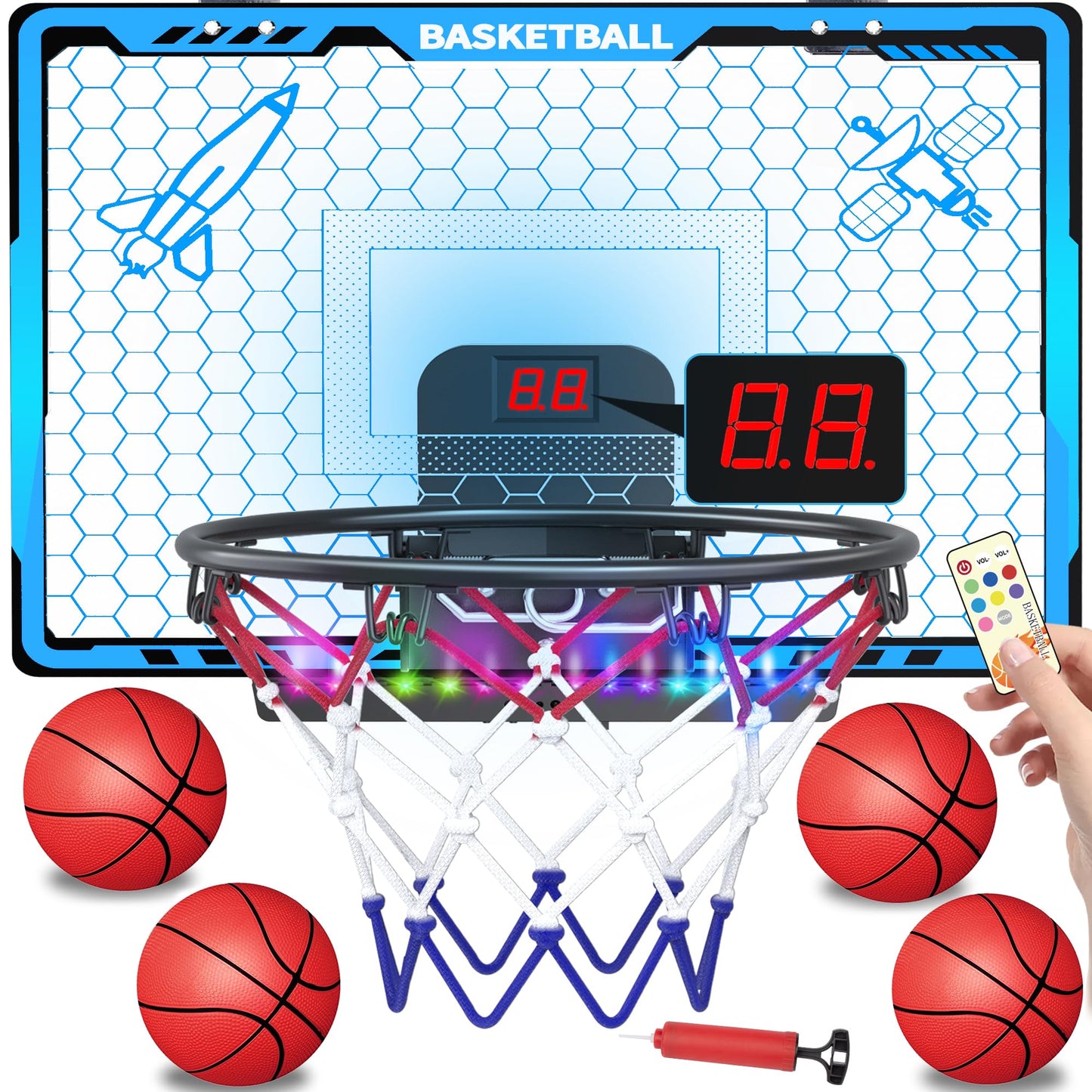 Awsoo Mini Basketball Hoop for Kids – Blue Indoor Hoop with 4 Balls, LED Scoreboard